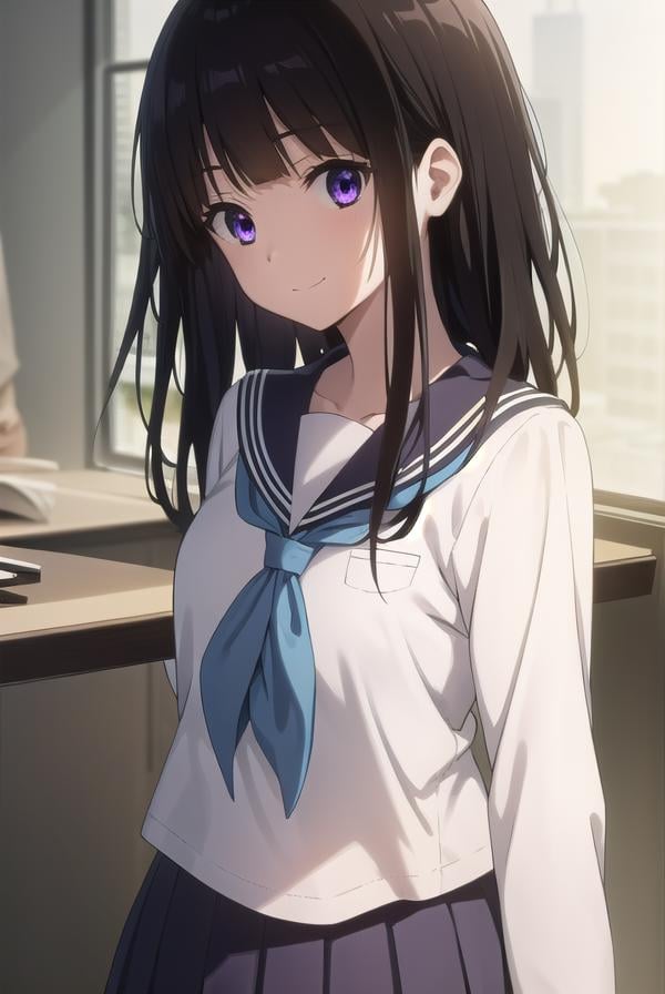 eruchitanda, <lora:eru chitanda s1-lora-nochekaiser:1>,eru chitanda, long hair, black hair, bangs, blunt bangs, (purple eyes:1.1), sidelocks, smile,BREAK skirt, school uniform, serafuku, kamiyama high school uniform \(hyouka\), black skirt, long sleeves, black sailor collar,BREAK indoors, classroom,BREAK looking at viewer, (cowboy shot:1.5),BREAK <lyco:GoodHands-beta2:1>, (masterpiece:1.2), best quality, high resolution, unity 8k wallpaper, (illustration:0.8), (beautiful detailed eyes:1.6), extremely detailed face, perfect lighting, extremely detailed CG, (perfect hands, perfect anatomy),