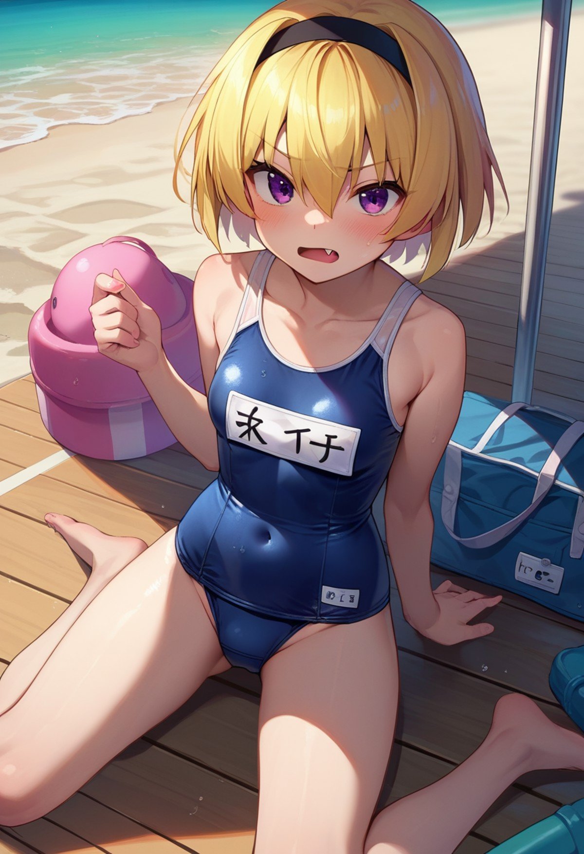 score_9, score_8_up, score_7_up, source_anime, houjou_satoko, solo, swimsuit, school swimsuit, 1girls, one-piece swimsuit, blonde hair, purple eyes, hairband, short hair, fang, name tag, breasts, collarbone, bangs, blush, hair between eyes, black hairband, <lora:Satoko Houjou Pony 5-000003:1>,  small breasts