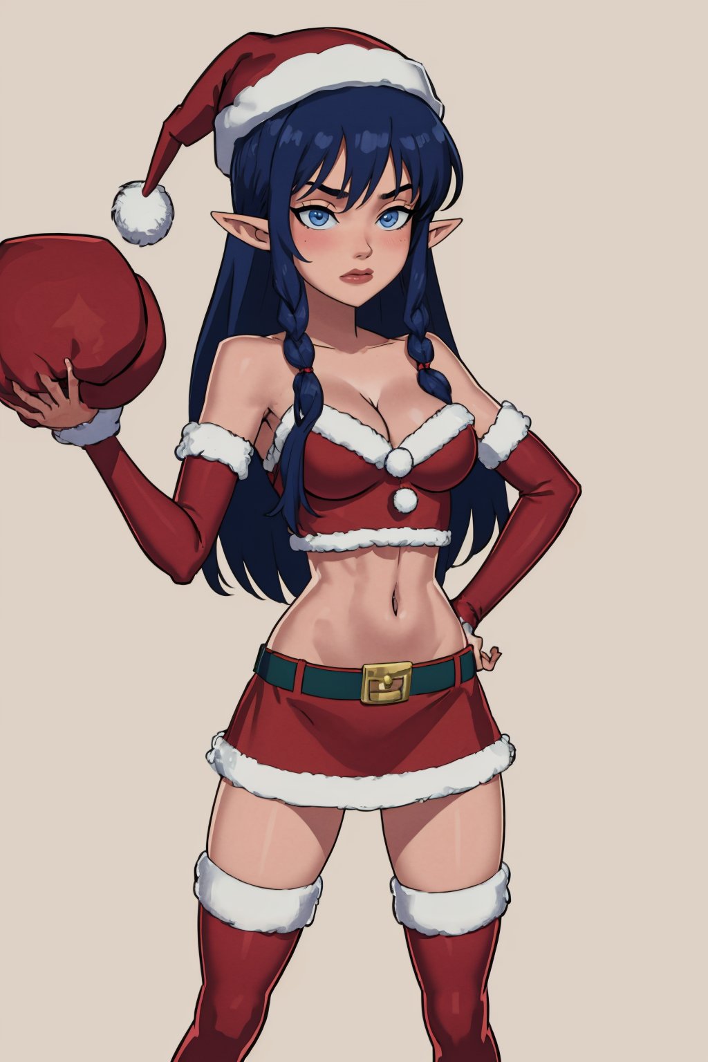 (masterpiece, best quality:1.2),   <lora:somethingunlimited:1>, somethingunlimited, 1girl, solo, panties, underwear, blue eyes, hat, blue hair, pointy ears, breasts, holding panties, thighhighs, long hair, holding underwear, santa hat, cleavage, santa costume, braid, print panties, panties removed, white thighhighs, blush, christmas, medium breasts, navel, skirt, holding clothes, elf, belt