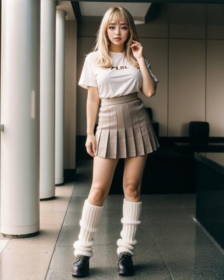 <lora:leg-warmers-v1:1> legwarmers, pleated skirt, t-shirt,full body shot<lora:AikaBody-v5:0.5>  a1ka, a woman solo, large breasts, blonde hair bangs, breasts, brown eyes, long hair,film grain, nikon fa, canon ae-1, film_camera, 1990s \(style\) candid 