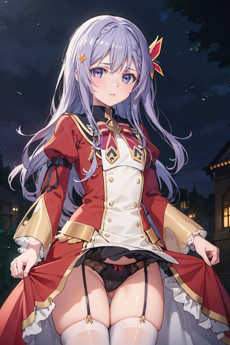 masterpiece, best quality, ultra-detailed, glistening shiny, glowing light, ray tracing, HDR, deph of field, (perfect face, detailed face), <lora:FloraBeltrum:0.8>, florabeltrum, long hair, crown braid, butterfly hair ornament, school uniform, red dress, black collar, puffy sleeves, long sleeves, red bowtie, garter straps, white thighhighs, skirt lift, lace panties