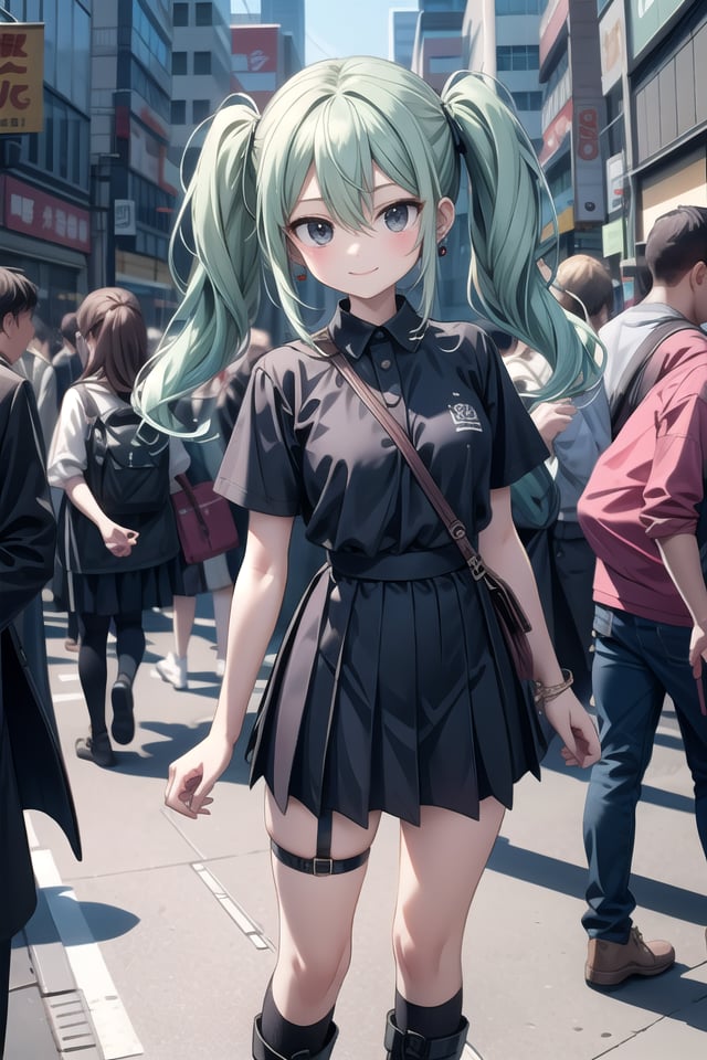 insanely detailed, absurdres, ultra-highres, ultra-detailed, best quality,1girl, solo, nice hands, perfect handsBREAKskirt, solo, twintails, v, socks, shirt, black skirt, thigh strap, long hair, black shirt, standing, looking at viewer, black socks, boots, bangs, jewelry, pleated skirt, piercing, ear piercing, cross, black eyes, short sleeves, earringsBREAK(nsfw:-1.5)BREAKseductive smile, closed mouthBREAK,standing, cowboy shot, looking at viewerBREAKslender, kawaii, perfect symmetrical face, ultra cute girl, ultra cute face, ultra detailed eyes, ultra detailed hair, ultra cute, ultra beautifulBREAKshibuya, akihabara, tokyo, street, crowd, cityscape, depth of field, ultra detailed backgroundBREAKlarge breastsBREAKgreen hair, black eyes, messy hair, hair between eyes