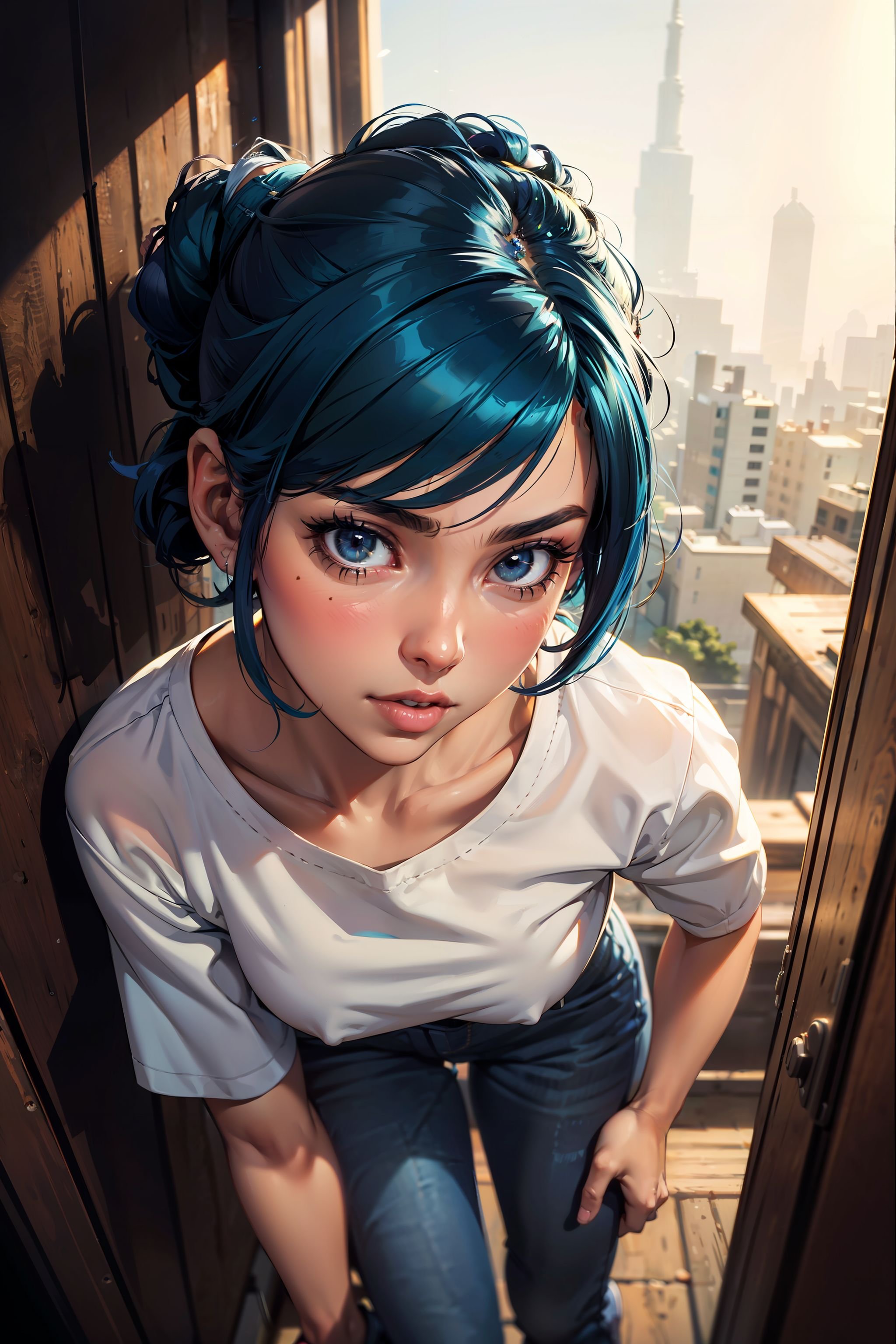 (masterpiece, best quality, hires, high resolution:1.2), (extremely detailed, intricate details, highres), 1girl, Leaning forward, Boyfriend jeans, a tucked-in tee, and loafers, Twisted updo haircut, Peacock blue haircolor, from above, close up on face, ight beams streaming through haze, soft focus, detailed skin, skin blemish, sharp focus, (shot on GoPro Hero:1.2)
