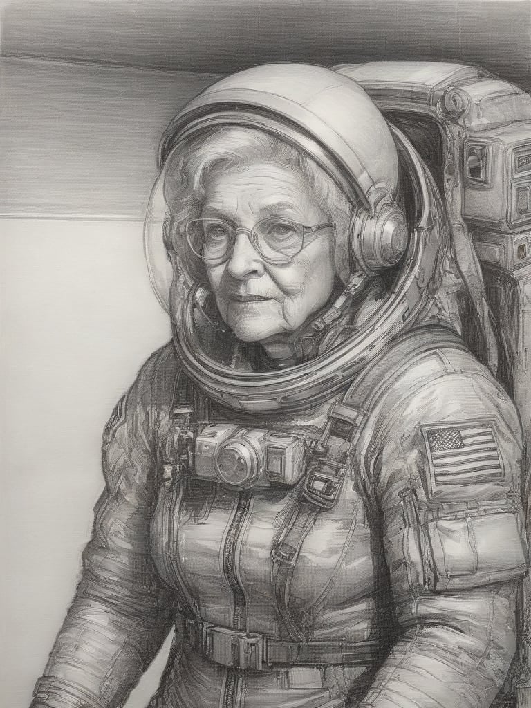 sketch, pencil art, a drawing of a grandma as astronaut, <lora:pencil_art:0.85>