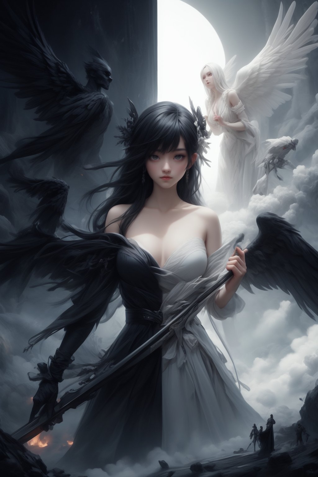 1girl,dark angel,holding the reaper scythe in hand,standing on a volcano,best quality,masterpiece,highres,(8k:0.9),beautiful and aesthetic,offical art,