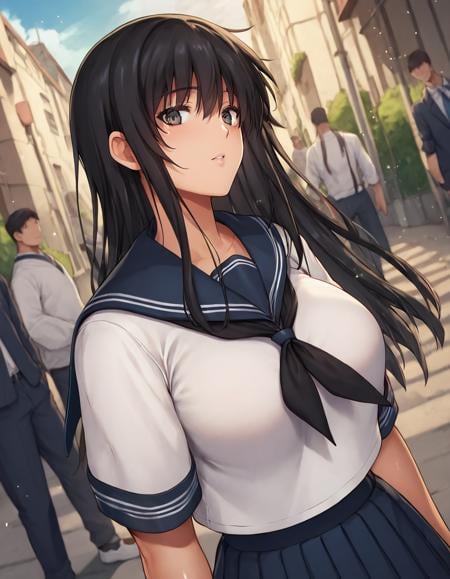 score_9, score_8_up, score_7_up, source_anime,reizei,1girl, looking at viewer, dutch angle,parted lips, long hair, large breasts, shiny skin, <lora:reizei:1>,depth of field, light particles, serafuku, school uniform, street,black hair, more people,