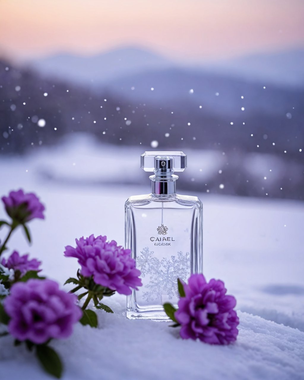 snow, snowflakes background, purple flowers, perfume bottle, scenery, high speed shutter, snowing, outdoors, blurry, depth of field, snow coverbest quality,masterpiece