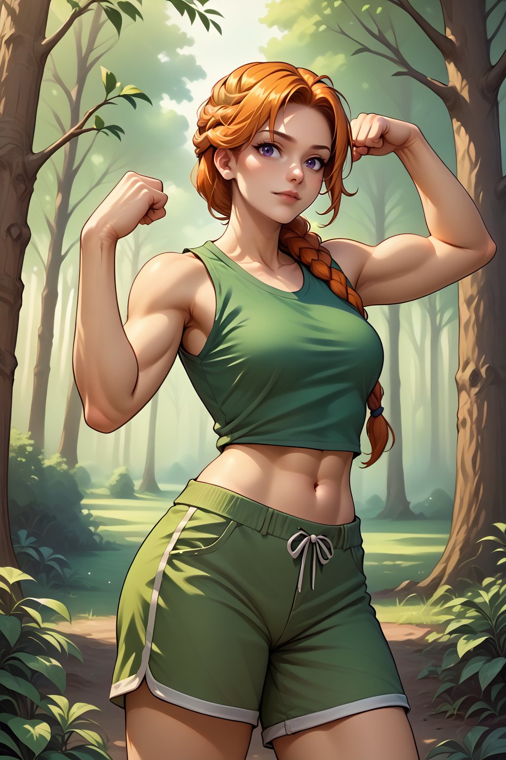 source_anime, score_9, score_8_up, 1girl, solo, <lora:NSLeahStardew:1> NSLeahStardew, orange hair, long hair, braid, braid in front, single braid, purple eyes, sleeveless, green t-shirt, midriff, navel, flexing, shorts, forest