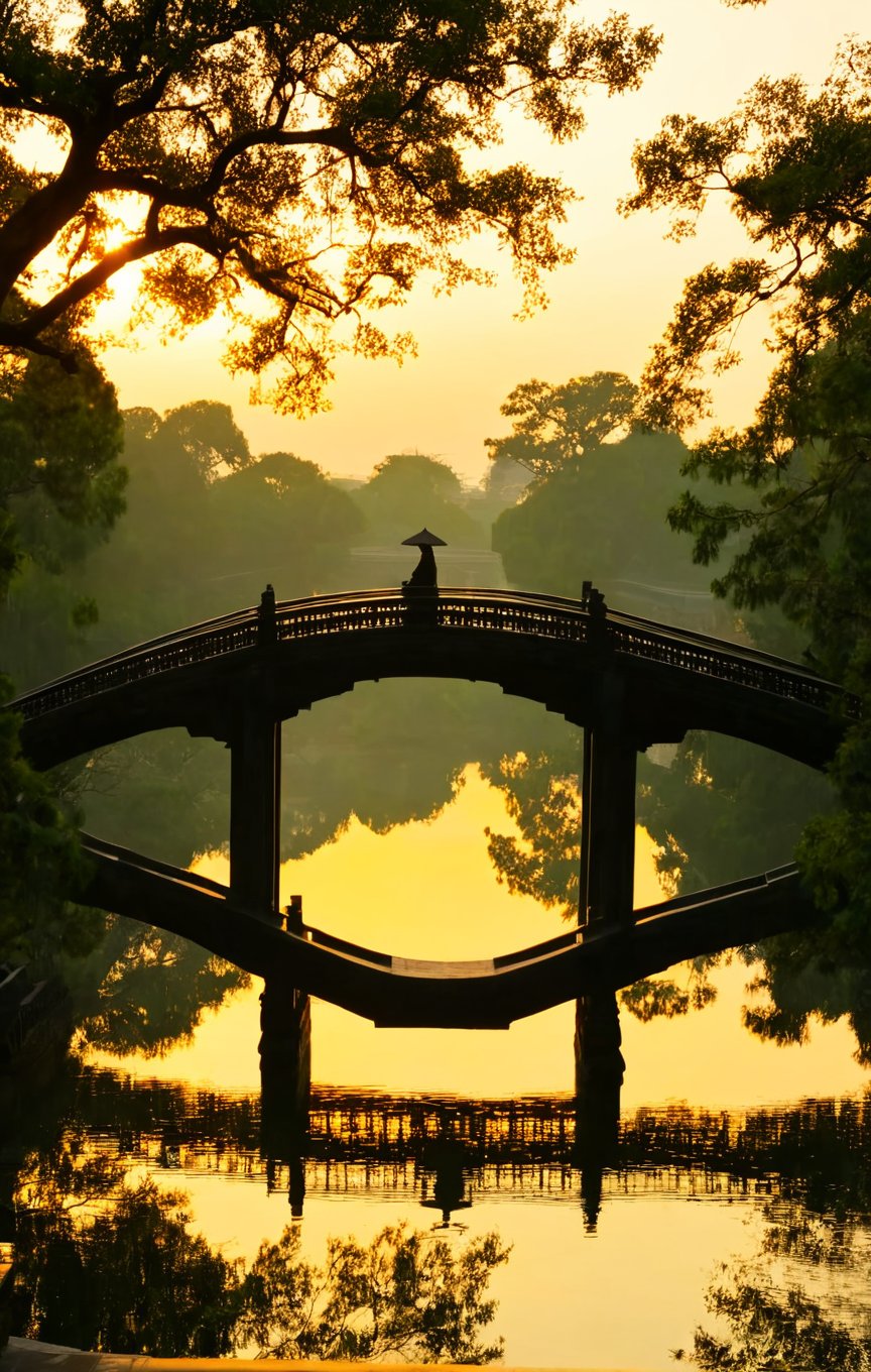 Golden sun,dusk,scenery,bridge,outdoors,architecture,silhouette,tree,reflection,east asian architecture,building,water,<lora:aki-XL:1>,