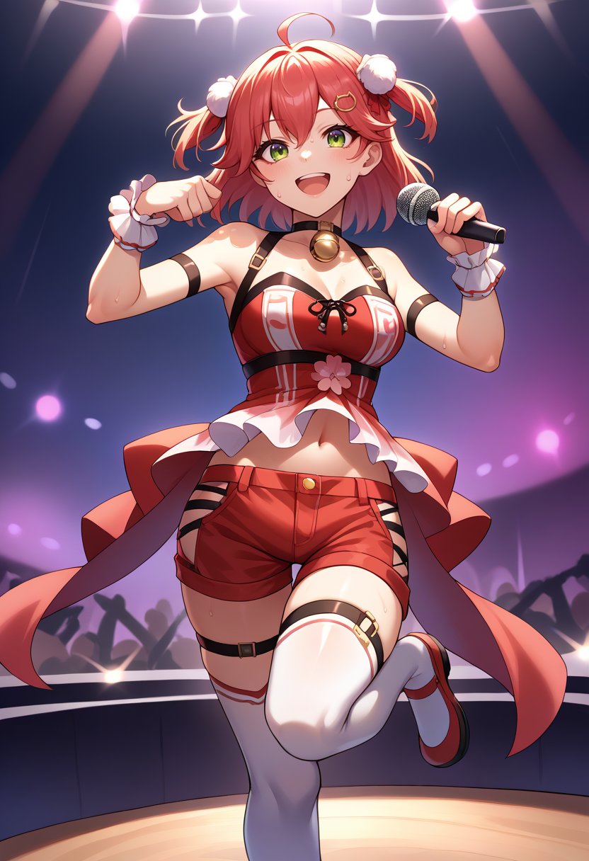 score_9, score_8_up, source_anime, 1girl, solo, MikoIdol, medium hair, two side up, pom pom hair ornament, black choker, neck bell, red tubetop, red shorts, midriff, white thighhighs, wrist cuffs, sleeveless, on stage, stage lights, holding microphone, smile, open mouth, sweat, dynamic pose, <lora:CHAR-SakuraMikoPonyXL:1>