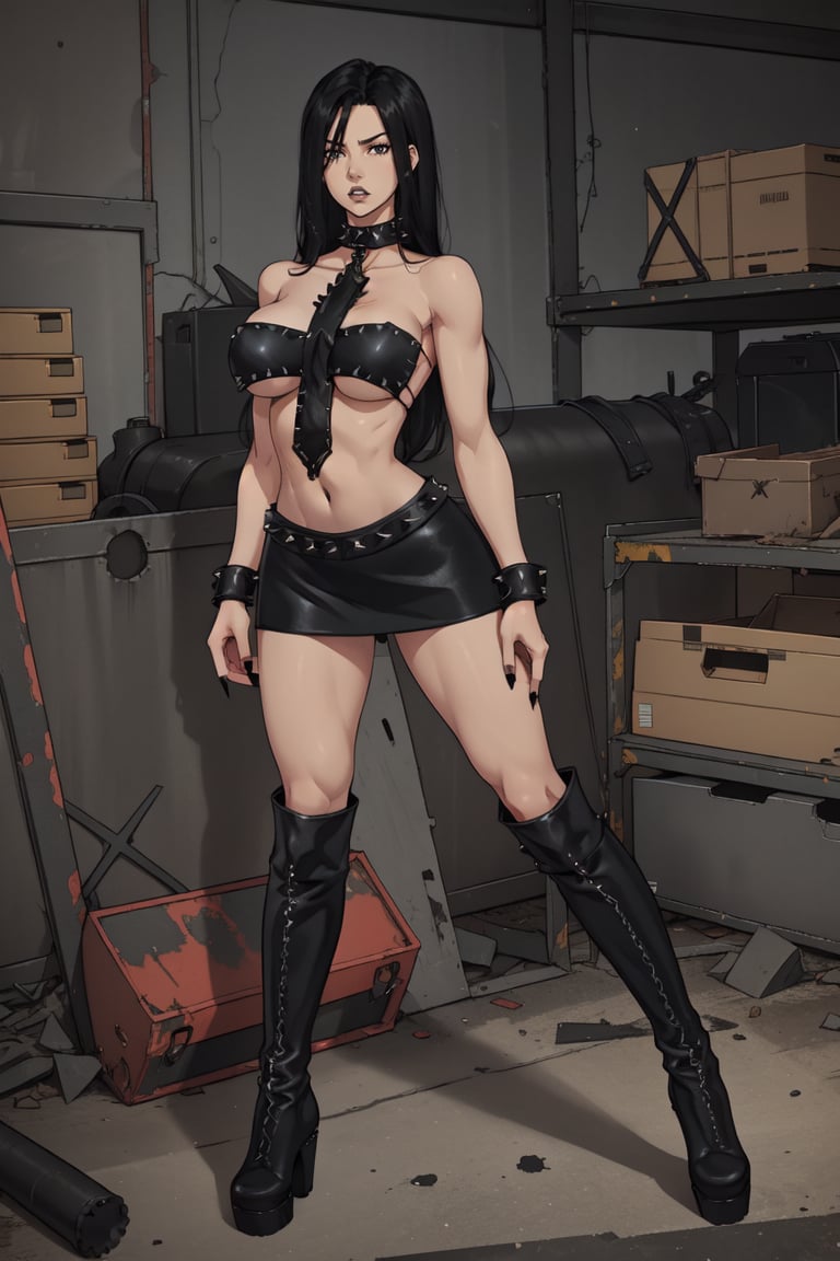 woman, full body, adult, black hair,  hud_crss_ttop, strapless, black spiked cross-shaped halterneck tank top, leather skirt, choker, wrist cuffs, knee boots, black nails, underboob, <lora:hud_crss_ttop_SD15-000008:0.8>, dirty, abandoned, warehouse