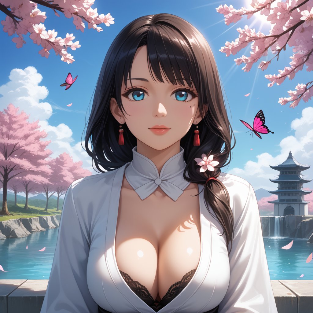 (,1girl, ,best quality, ),,  ultra realistic 8k cg,ultra detailed 8k cg,masterpiece,upper body,  (( , )),, ,science fiction,mole, ,    ,outdoors, sun,sunlight, cherry blossoms,      (cleavage),,  (), butterfly,(sit),