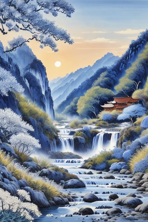 Blue and white porcelain style landscape painting,landscape painting, sun, mountains, rivers, trees, flowers and plants, ancient buildings, waterfalls,, (best quality), ((masterpiece)), (an extremely delicate and beautiful), original, extremely detailed wallpaper