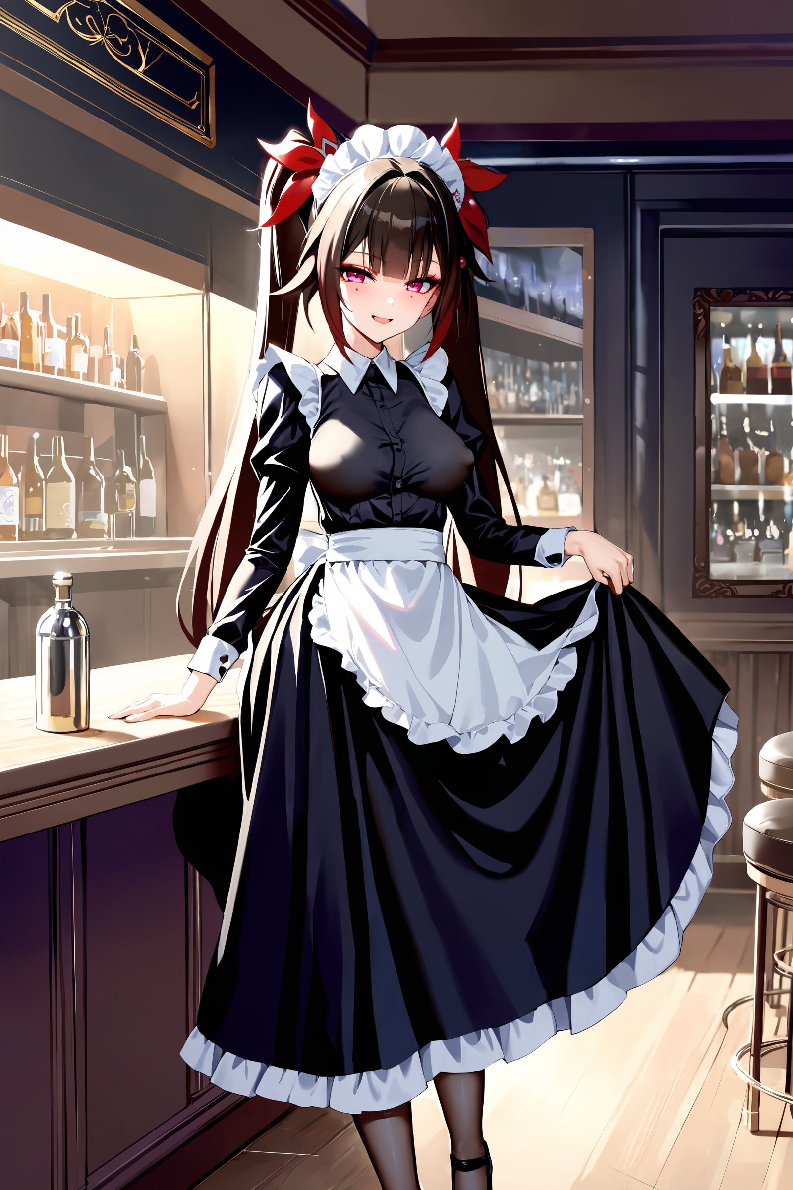 masterpiece, best quality, illustration, highres, ultra-detailed, 1girl, sparkle \(honkai: star rail\), twintails, solo, maid, maid headdress, maid apron, thighhighs, looking at viewer, high heels, (skirt hold, curtsey: 1.2), bar \(place\), indoors, depth of field, gasping, ecstasy, seductive smile <lora:Char-HonkaiSR-Sparkle-XL-V1:0.9>