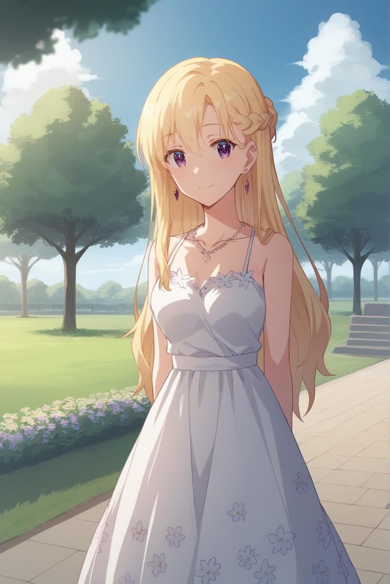 score_9, score_8_up, score_7_up, score_6_up, score_5_up, score_4_up, BREAK source_anime, 1girl, solo,<lora:AyaseSakiXL-v1-07:0.7>, ChopioAyase, long hair, blonde hair, shiny hair, hair between eyes, purple eyes, highly detailed eyes, looking at viewer, long hair, half updo, braid, [small breasts : medium breasts: 10],earrings, necklace,sun dress, floral print, bare shoulders,outdoors, park, grass, flowers, blue sky, clouds,standing, smile, arms behind back, see-through silhouette,