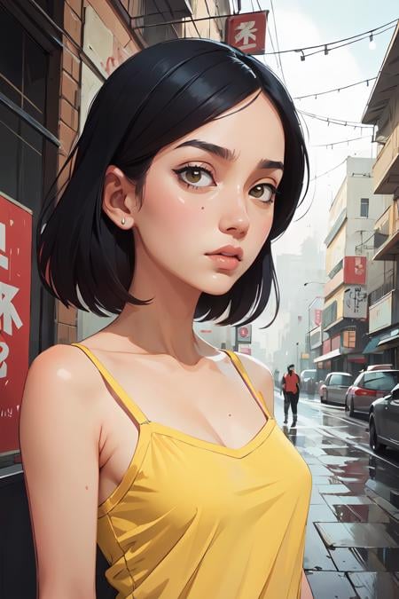 1girl detailed face serious mature yellow cotton Camisole, street Russ Mills Sui Ishida,best quality, masterpiece, scenery,  <lora:GoodHands-beta2:0.8>,