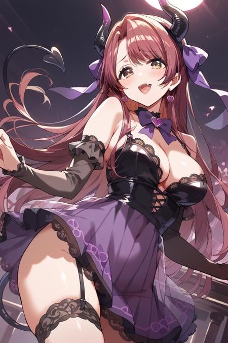 score_9, score_8_up, score_7_up, score_6_up, 1girl,<lora:Kasuga_Haruna:0.9> haruna, long hair, breasts, cleavage, succubus, purple fake horns, black lace, tail, transparent black sleeves, lewd, transparent skirt, transparent mesh top, purple bows, club, no underwear, 