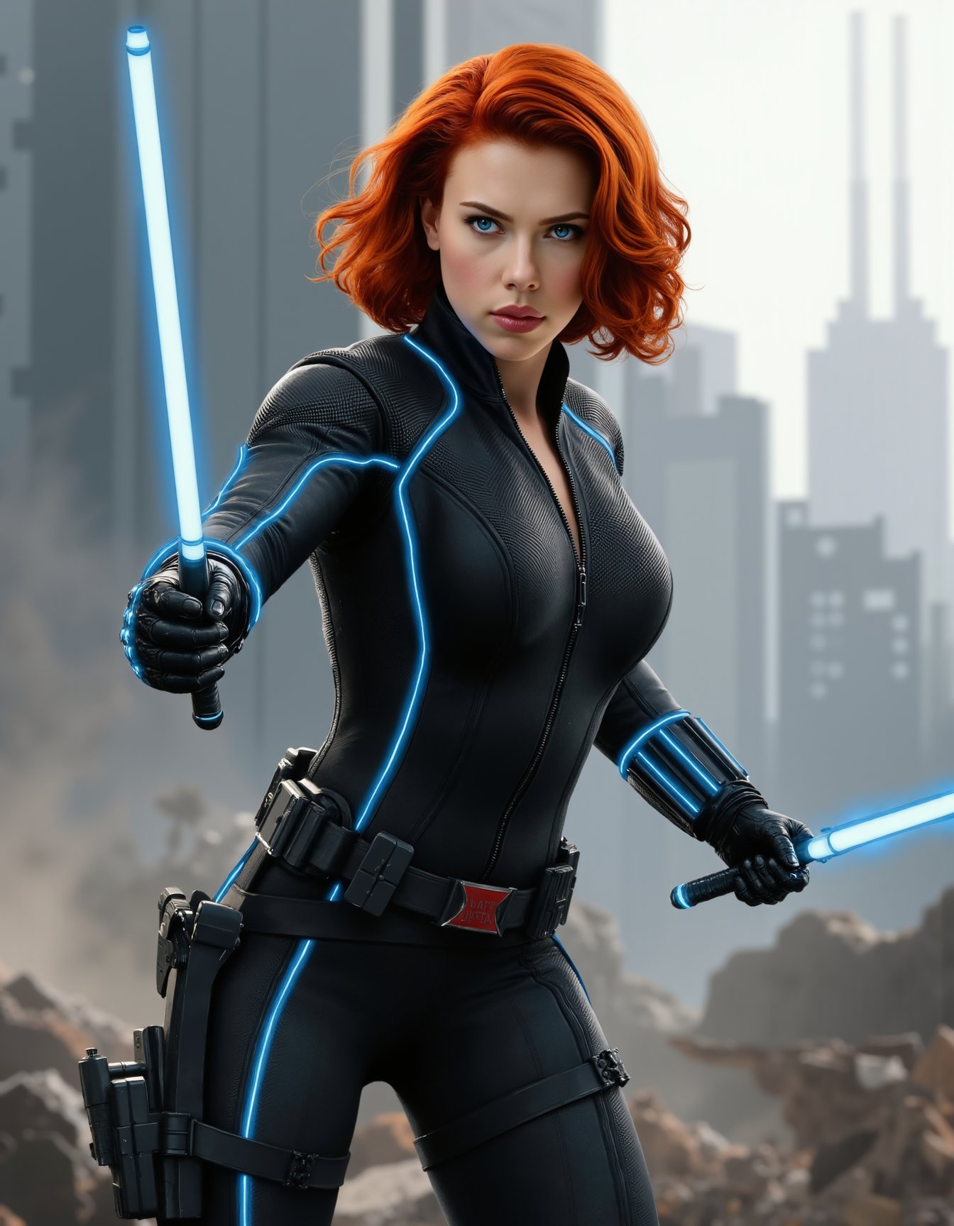 a picture  of  scarlettWidow in a fighting pose.  She holds two batons with glowing blue stripes in each hand wearing ultronSuit . Set against the ruins of a city after a fight <lora:blackWidowMovieFlux:0.9>