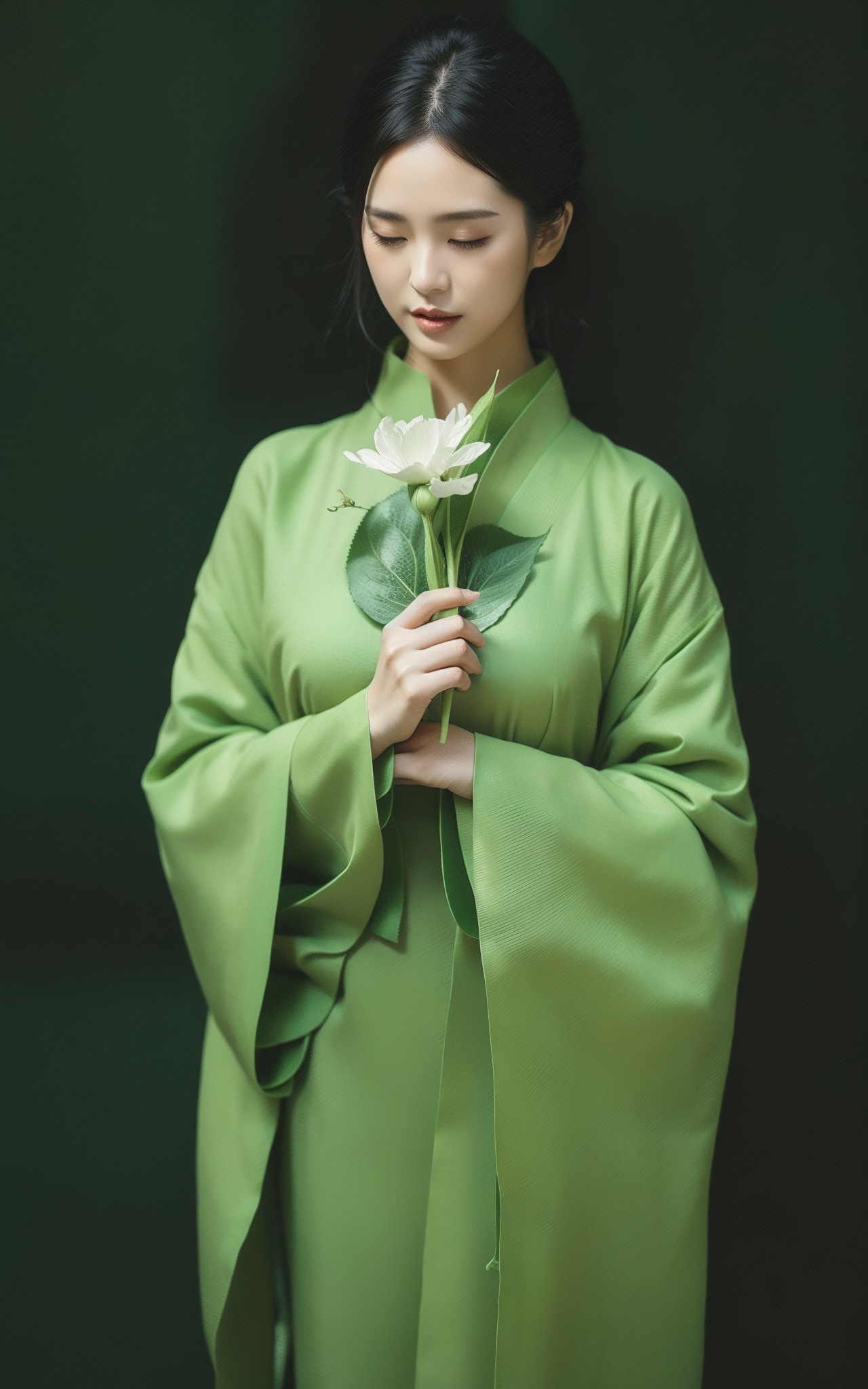 cover art,a woman in a green dress with a flower in her hand and a large leaf behind her,with a black background,solo,1girl,black hair,holding,green background,closed eyes,flower,kimono,wide sleeves,