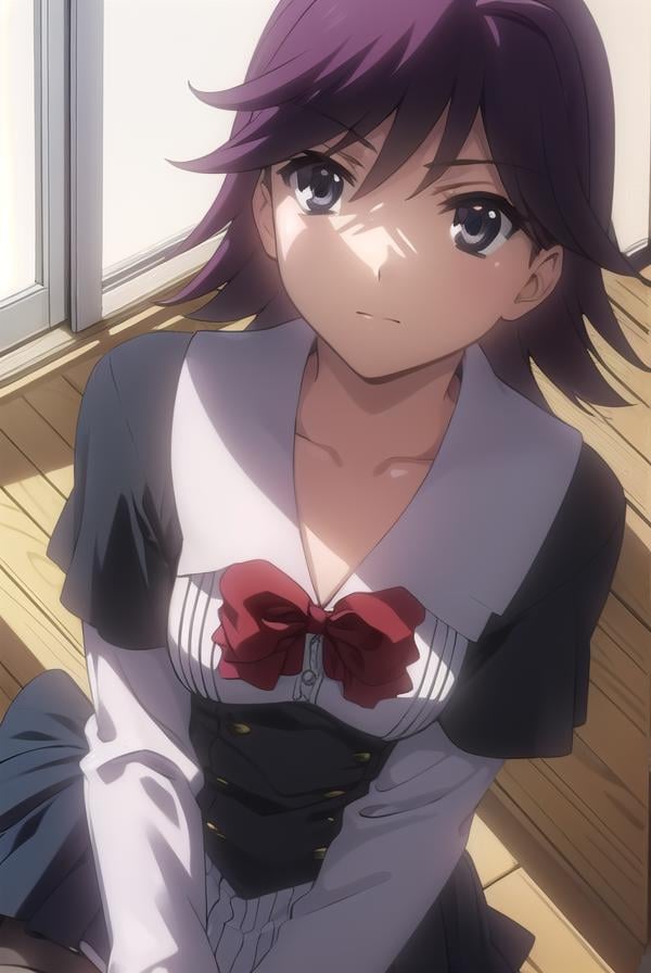 natsumikoizumi, <lora:natsumi koizumi s1-lora-nochekaiser:1>,natsumi koizumi, short hair, purple hair, (black eyes:1.5),BREAK skirt, thighhighs, school uniform, shoes, black thighhighs, zettai ryouiki, bow, red bow,BREAK indoors, classroom,BREAK looking at viewer, (cowboy shot:1.5),BREAK <lyco:GoodHands-beta2:1>, (masterpiece:1.2), best quality, high resolution, unity 8k wallpaper, (illustration:0.8), (beautiful detailed eyes:1.6), extremely detailed face, perfect lighting, extremely detailed CG, (perfect hands, perfect anatomy),