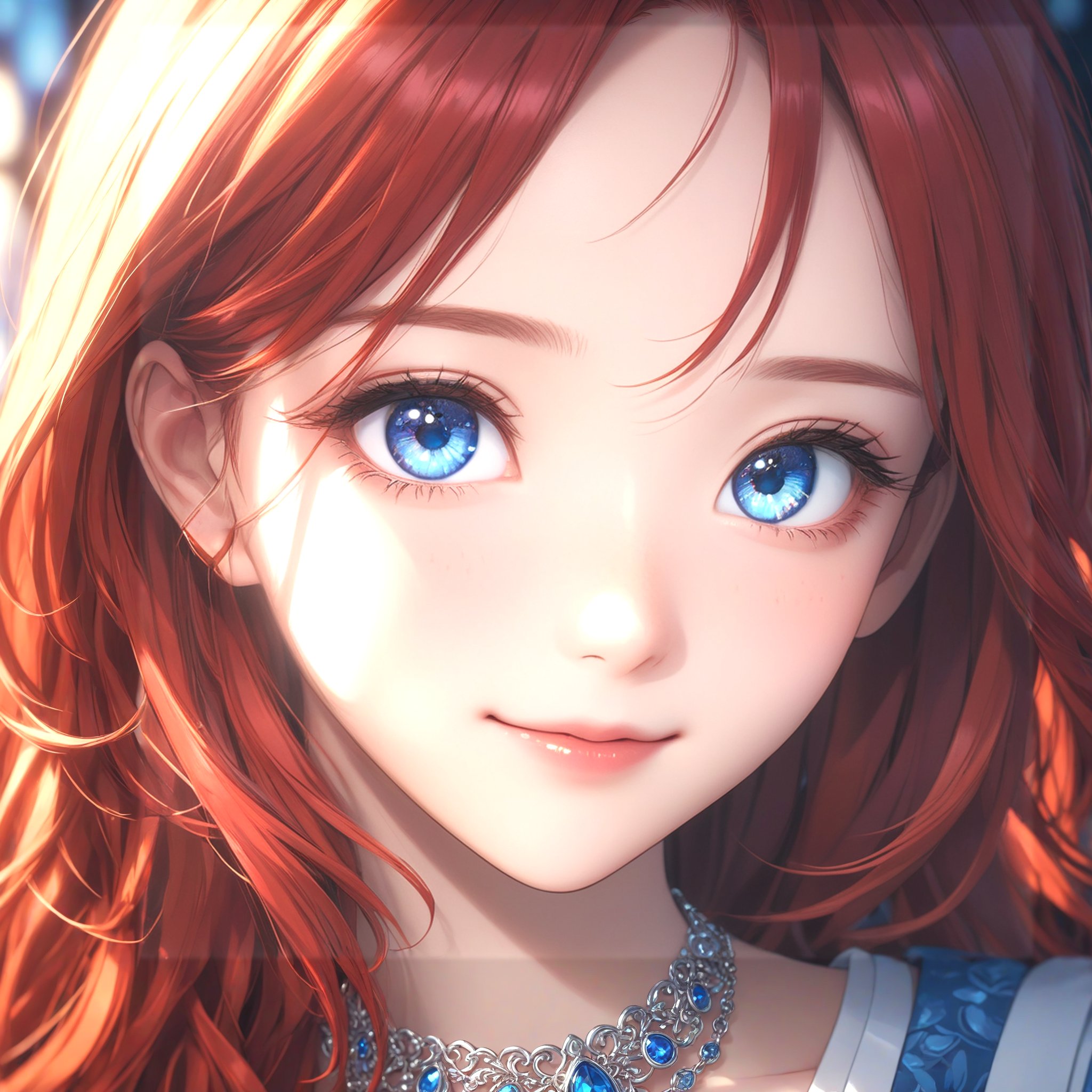 a close up from 1 beautiful and cute girl, extreme close-up, detailed blue-silver eyes, long red hair,  beautiful dainty necklace,  shy smile,  (masterpiece:1.2), (best quality:1.2), newest, ai-generated, ultra-detailed, best shadow, detailed background, high contrast, (best illumination, an extremely delicate and beautiful), ((cinematic light)), hyper detail, dramatic light, intricate details, 8k, anime, very aesthetic, vibrant color,