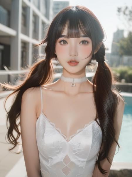 score_9,score_8_up,score_7_up,solo,choker,realistic,bangs,blunt bangs,parted lips,eyeshadow,solo,outdoors,day,long hair,realistic,parted lips,bangs,ani77,,<lora:ani77v2_pony-000004:1>, 1girl,solo,long hair,twintails,looking at viewer,brown eyes,lips,realistic,full body,Standing,nose blush,light blush,collarbone,grey background,flesh tint Highleg Leotard,roushi,high heels,legs,