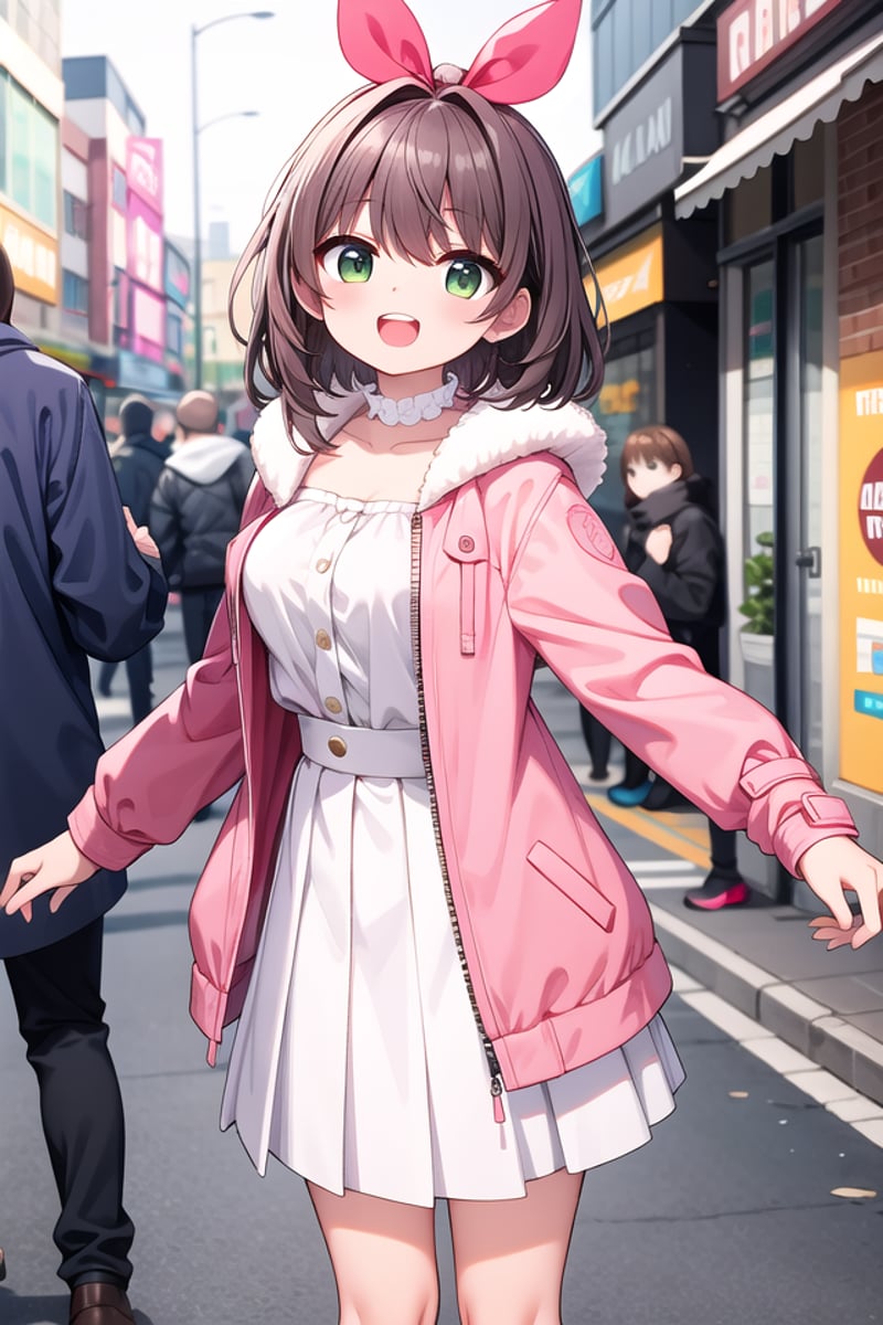 <lora:talkmouth_O_type2_v100:1>insanely detailed, absurdres, ultra-highres, ultra-detailed, best quality,1girl, solo, nice hands, perfect handsBREAK(pink and white theme:1.4), (Wearing a (long sleeve pink coat with fur color) over a white high neck blouse:1.4), (fur cuffs:1.3), (double pillar button:1.3), (pocketless:1.4), (plain ivory-white pantyhose:1.4), (pink heeled boots with lace-up:1.2)    BREAK    (wine-red pleated skirt:1.3)    BREAK    (naked skin:-1), (See-through:-1), (pocket:-1), (black pantyhose:-1), (wine:-1), (red coat:-1), (white coat:-1), (red tops:-1), (white skirt:-1), (pink skirt:-1), (black skirt:-1), (text on clothes:-1), ((mark, logo, pattern) on pantyhose:-1), (tone pantyhose:-1), (bare shoulders:-1)BREAK(nsfw:-1.5)BREAKsmile, open mouthBREAK,standing, cowboy shot, looking at viewerBREAKslender, kawaii, perfect symmetrical face, ultra cute girl, ultra cute face, ultra detailed eyes, ultra detailed hair, ultra cute, ultra beautifulBREAKin street, cityscape in harajuku, depth of field, ultra detailed backgroundBREAKlarge breastsBREAKorange hair, green eyes, spiked hair, 