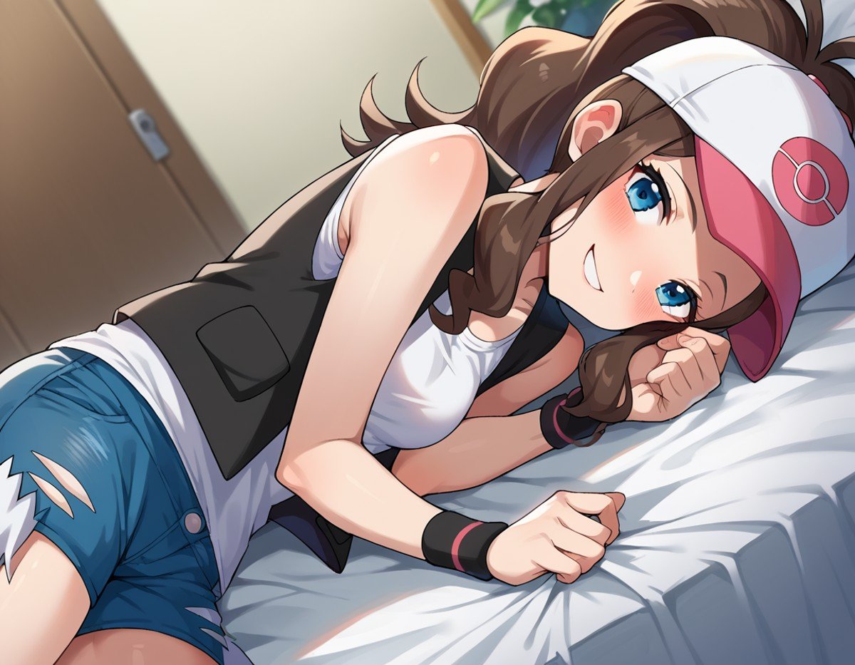 score_9, score_8_up, score_7_up, source_anime,pokemonhilda, <lora:pokemon-hilda-ponyxl-lora-nochekaiser:1>pokemonhilda, blue eyes, brown hair, long hair, ponytail, smile,baseball cap, blue shorts, denim, hat, shorts, vest, wristband, sleeveless, black vest, white shirt, shirt,indoors, bed, bed room, on side, blush, drunk,looking at viewer, dutch angle, cowboy shot,