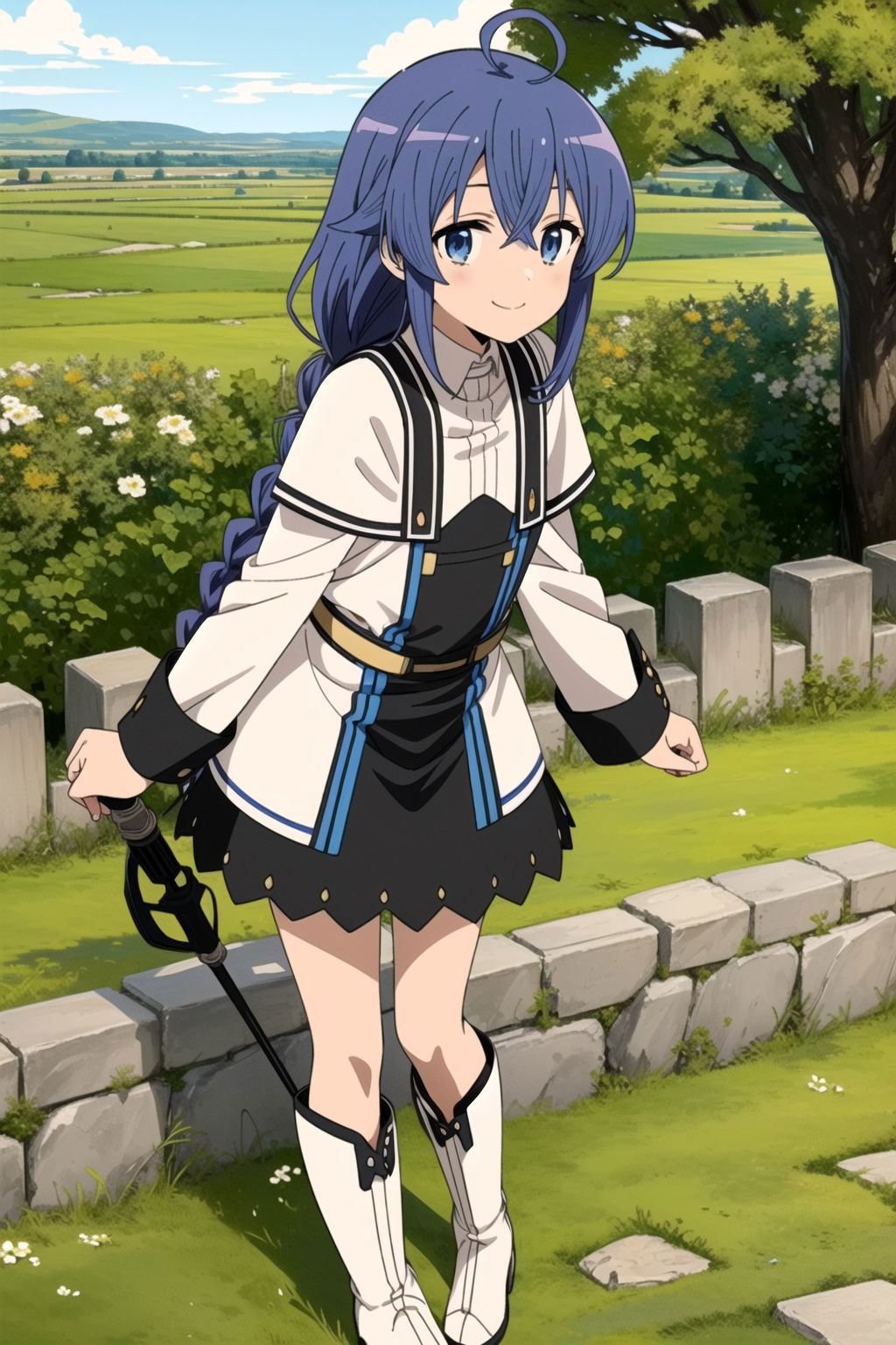 (masterpiece:1.4), (best quality:1.4), (((pixel-perfect, detail-perfect))), 1girl, solo, roxy migurdia, blue hair, long hair, hair between eyes, braid ponytail, ahoge, blue eyes, small breasts, white sollared shirt, long sleeves, wide sleeves, white capelet, black skirt, white boots, holding wizard staff, looking at viewer, (jitome:1.3), smile, (outdoors, grassland, stone wall, trees:1.35), detailed, flat, flat colors, 2D, (anime:1.45),  <lora:Roxy Migurdia (Mushoku Tensei):0.7>