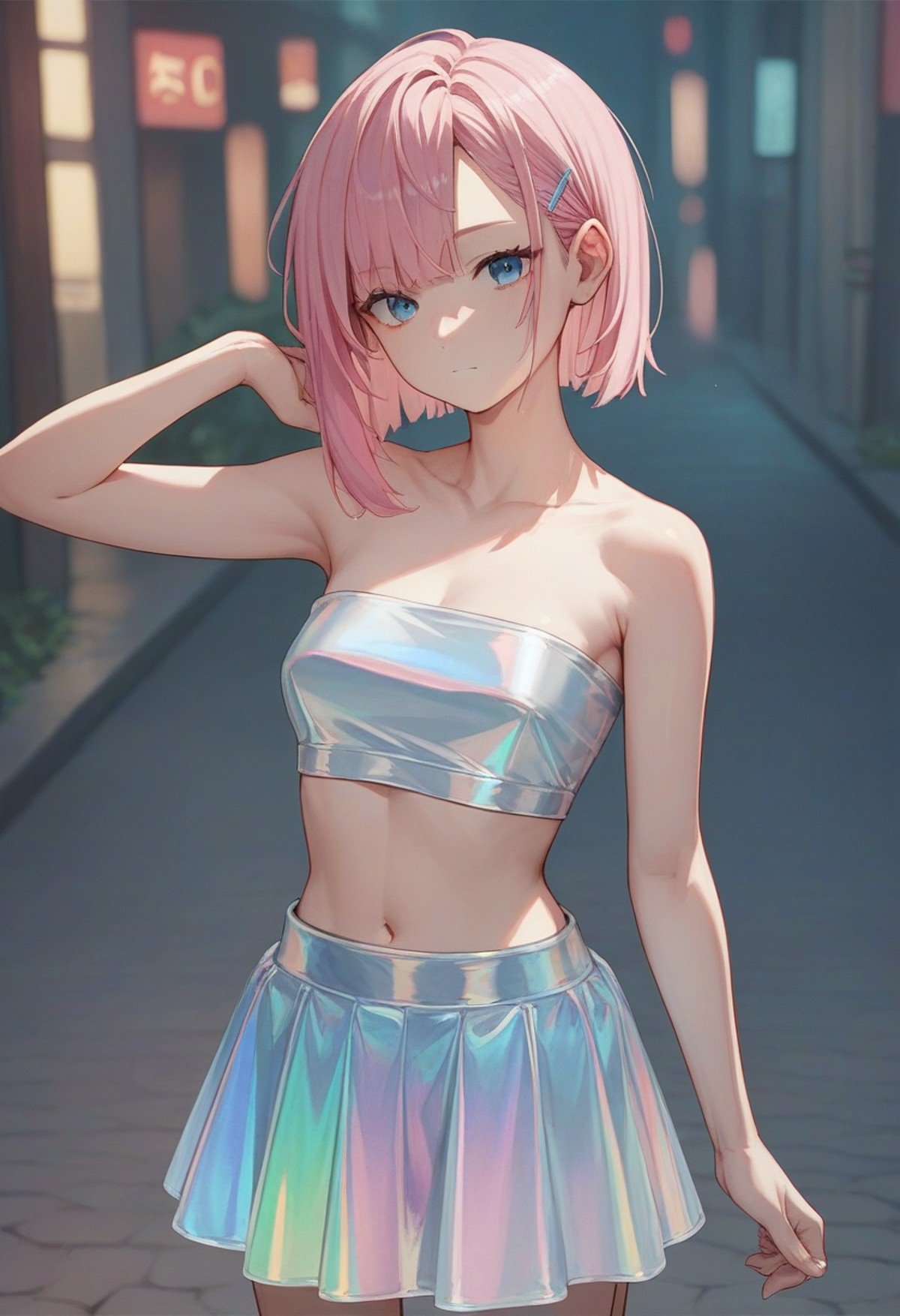 score_9, score_8_up, score_7_up, score_6_up, source_anime, <lora:holographic_v0.2-pony:1>1girl, pink hair, blue eyes, asymmetrical hair, looking at viewer, holographic microskirt, holographic bandeau, street,bare arms, 