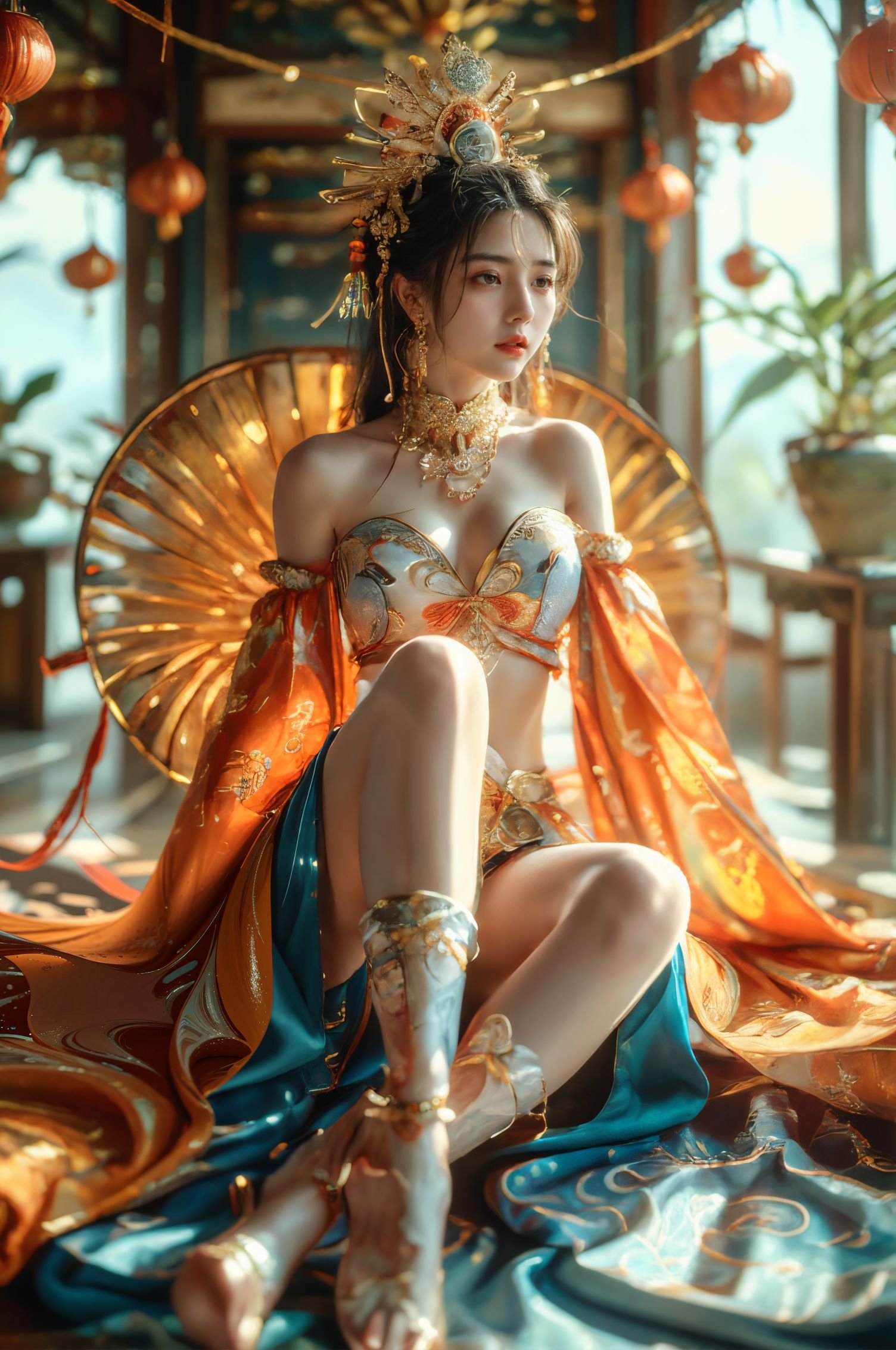 xuer Chinese goddess,1girl,(sitting:1.2),( jewelry,anklet,:1.3) solo,(shiny skin:1.4),(from below:1.1),(full body:1.1),(wide shot, wide-angle lens,Panoramic:1.2),image,nostalgic paintings,Exotic Style,bull body,long sho,dancing,Martialarts and fairy - like vibe,best quality,masterpiece,Dynamic Angle,Perspective,High Point,pov,(from below:1.4),(from side,profile:1.1),<lora:绪儿-中国女神 xuer Chinese goddess:0.75>,<lora:xuer a sense of story girl_20240320200924:0.5>,