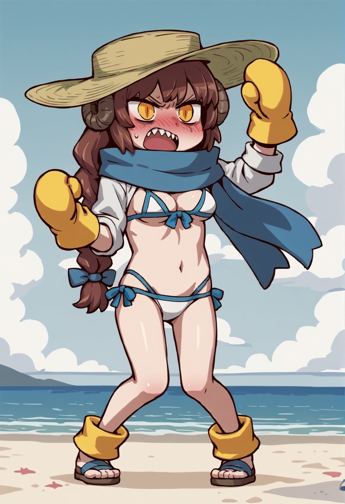 1girl, brown hair, yellow eyes, long hair, braid, horns, white shirt, ribbon, hat, blue scarf, yellow mittens, swimsuit, white microbikini, blushing, angry, sharp teeth, slit pupils, outdoors, beach, full body, medium breasts <lora:Mary_Anning:0.8> <lora:style_fgoaprilfools_ponyXL:1>, score_9, score_8_up, score_7_up, score_6_up, score_5_up, score_4_up, BREAK source_anime, masterpiece