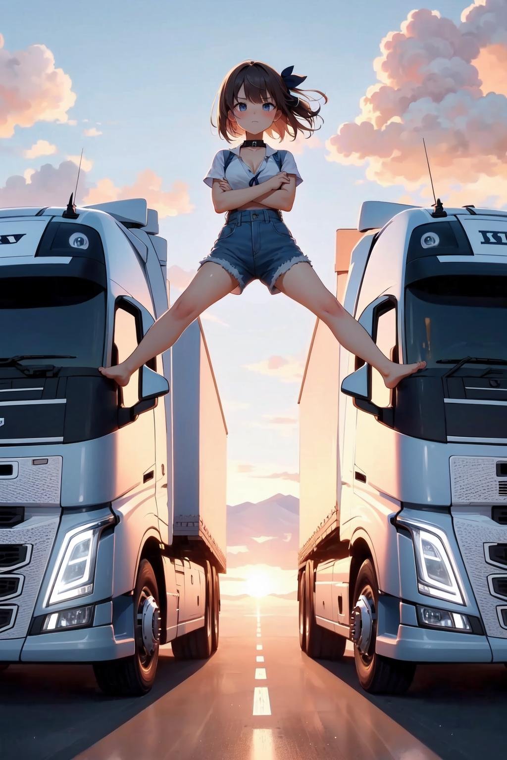 (((masterpiece))), (((best quality))), (((barefoot))), (((epic split))), ((crossed arms)), ((spread legs)), ((outstretched legs)), ((long legs)), sky, wind, flare, sunrise, volvo, (truck:0.9), desert road, center line, distant sierra, vanishing point, closed mouth, collar shirt, shorts, solo, 1girl, brown hair, updo, ribbon, sweat, cleavage, big tits, shy, blush, slim figure,<lora:girllikeepicsplit:0.8>