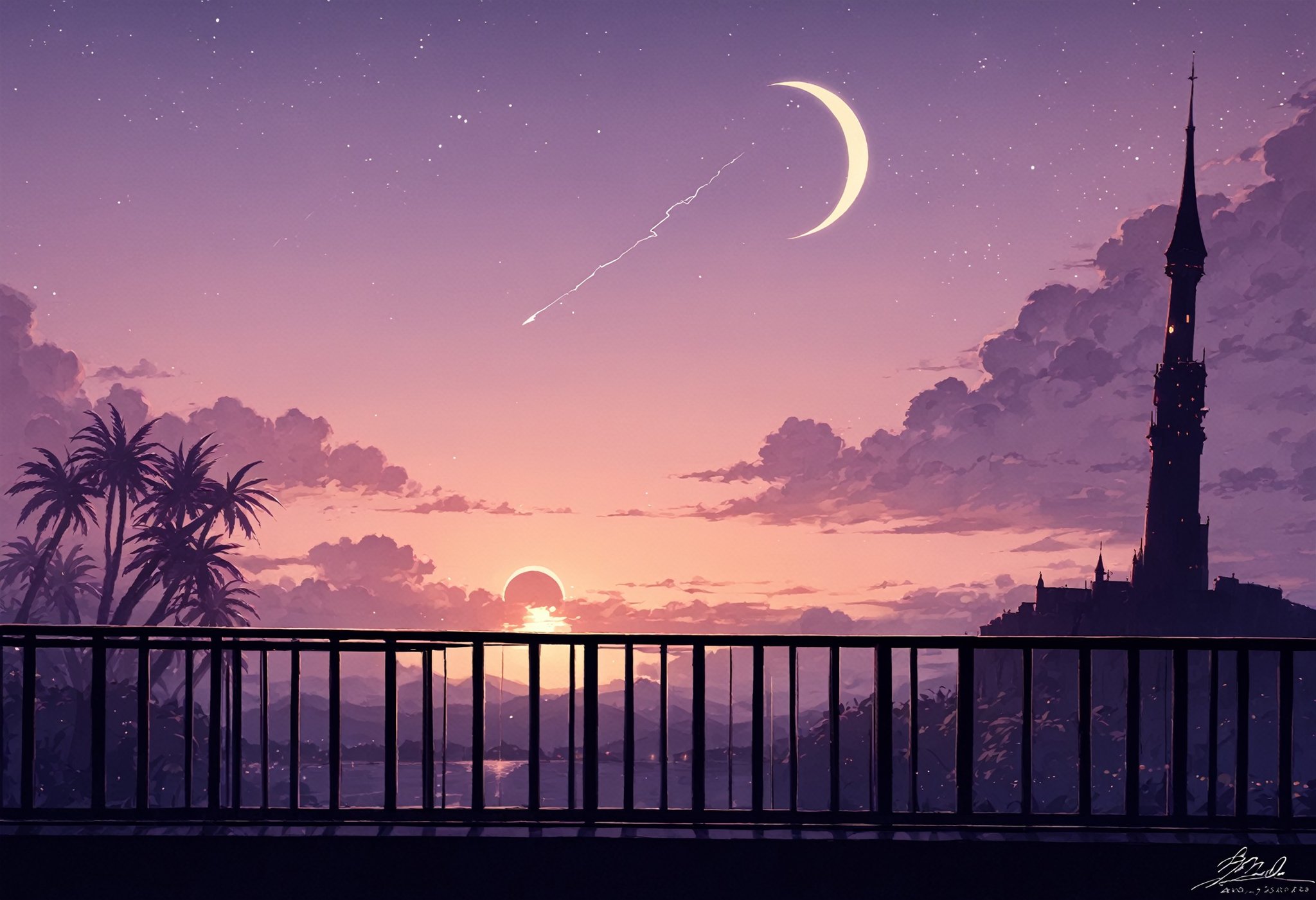 score_9, score_8_up, score_7_up, BREAKscenery, landscape, wide shot, backlighting, tree stump, mikan jalicia, palm tree, no humans, pink sky, flying, moonlight, dark clouds, star (sky), railing, building, starry sky, outdoors, night sky, tower, red moon, moon, shore, yellow sky, cloudy sky, blue sky, blinking lights, night, castle, horizon, crescent moon, lightning bolt symbol, cloud, sky