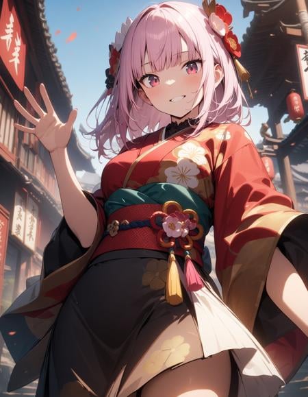 girl, mori calliope \\(new year\\), hololive, solo, looking at viewer, outdoors, cinematic angle, waving, masterpiece, best quality, very aesthetic, absurdres