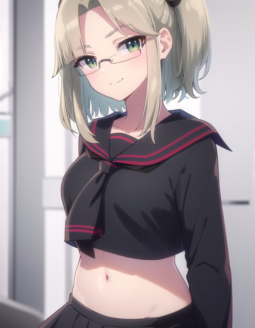 skimu, <lora:sk imu s1-lora-nochekaiser:1>,imu, (green eyes:1.3), glasses, hair ornament, twintails, (parted bangs:1.5), blonde hair,BREAK skirt, shirt, long sleeves, navel, school uniform, pantyhose, pleated skirt, necktie, serafuku, midriff, black skirt, sailor collar, black shirt, black sailor collar, (black serafuku:1.2),BREAK outdoors, classroom,BREAK looking at viewer, (cowboy shot:1.5), smile,BREAK <lyco:GoodHands-beta2:1>, (masterpiece:1.2), best quality, high resolution, unity 8k wallpaper, (illustration:0.8), (beautiful detailed eyes:1.6), extremely detailed face, perfect lighting, extremely detailed CG, (perfect hands, perfect anatomy),