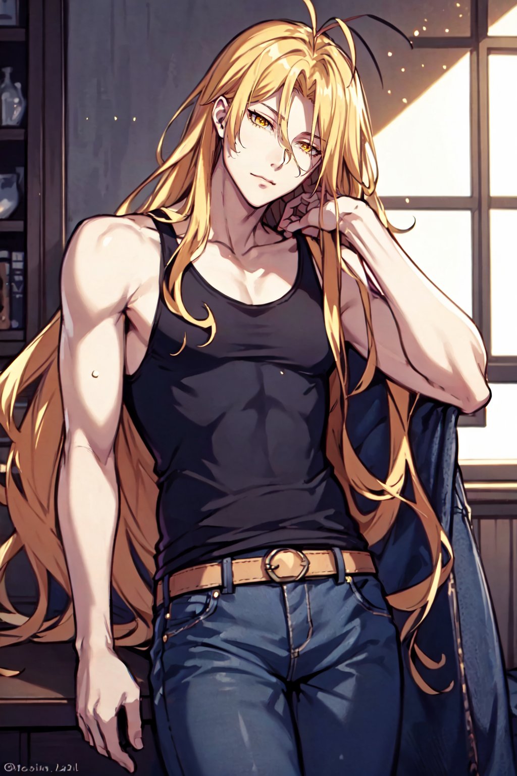 (masterpiece, best quality, highres, ultra-detailed),(beautiful and aesthetic:1.2), 1man, adult male, male focus, mature, blonde hair, very long hair, antenna hair, yellow eyes, tank top,jeans,  <lora:ReihhardDI:0.6>, 