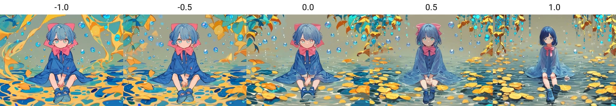 score_9, score_8_up, score_7_up, score_6_up, score_5_up, score_4_up, rating_safe, source_anime, 1girl, blue footwear, water background,expressionless, female, sitting, water droplets, ribbons, large pupils, blue hair, pink bow, blue raincoat, looking at viewer, head on hand<lora:Pony_DetailV2.0:-1.0>