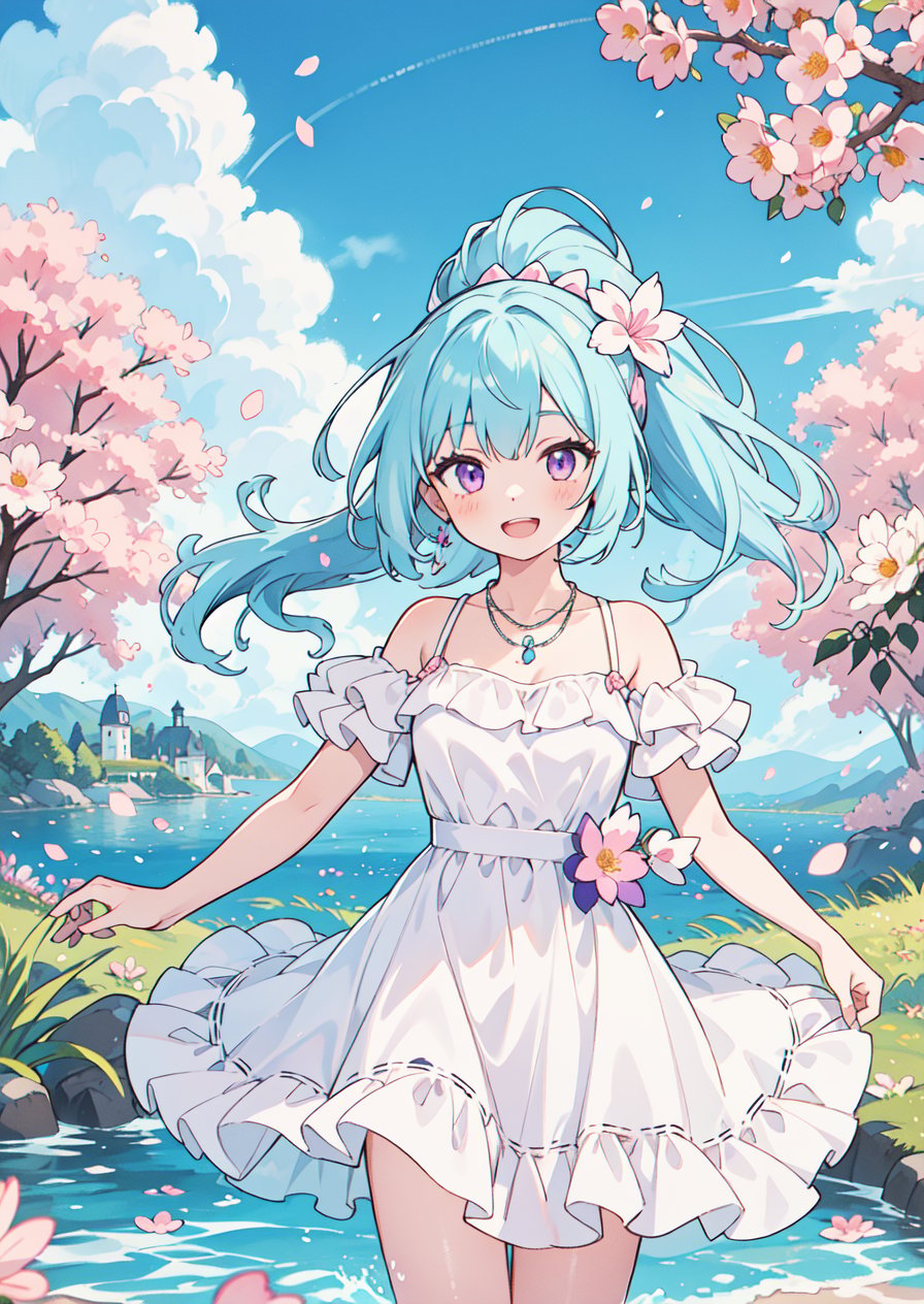 1girl,((light blue hair)),pink purple eyes,high ponytail,happy,smile,ice,summer,sunshinerainbow,open mouth,white dress,((ink)),(water color),bloom effect,detailed beautiful grassland with petal,flower,butterfly,necklace,smile,petal,(((surrounded by heavy floating petal flow))),<lora:standingFullBodyWithBackgroundStyle_v10Offset（立绘法:1>,cowboy_shot,front view,looking_at_viewer,<lora:Xian-T手部修复lora（不用controlnet也不坏手了）_v1.1:1>,hiding hands,, fcportrait