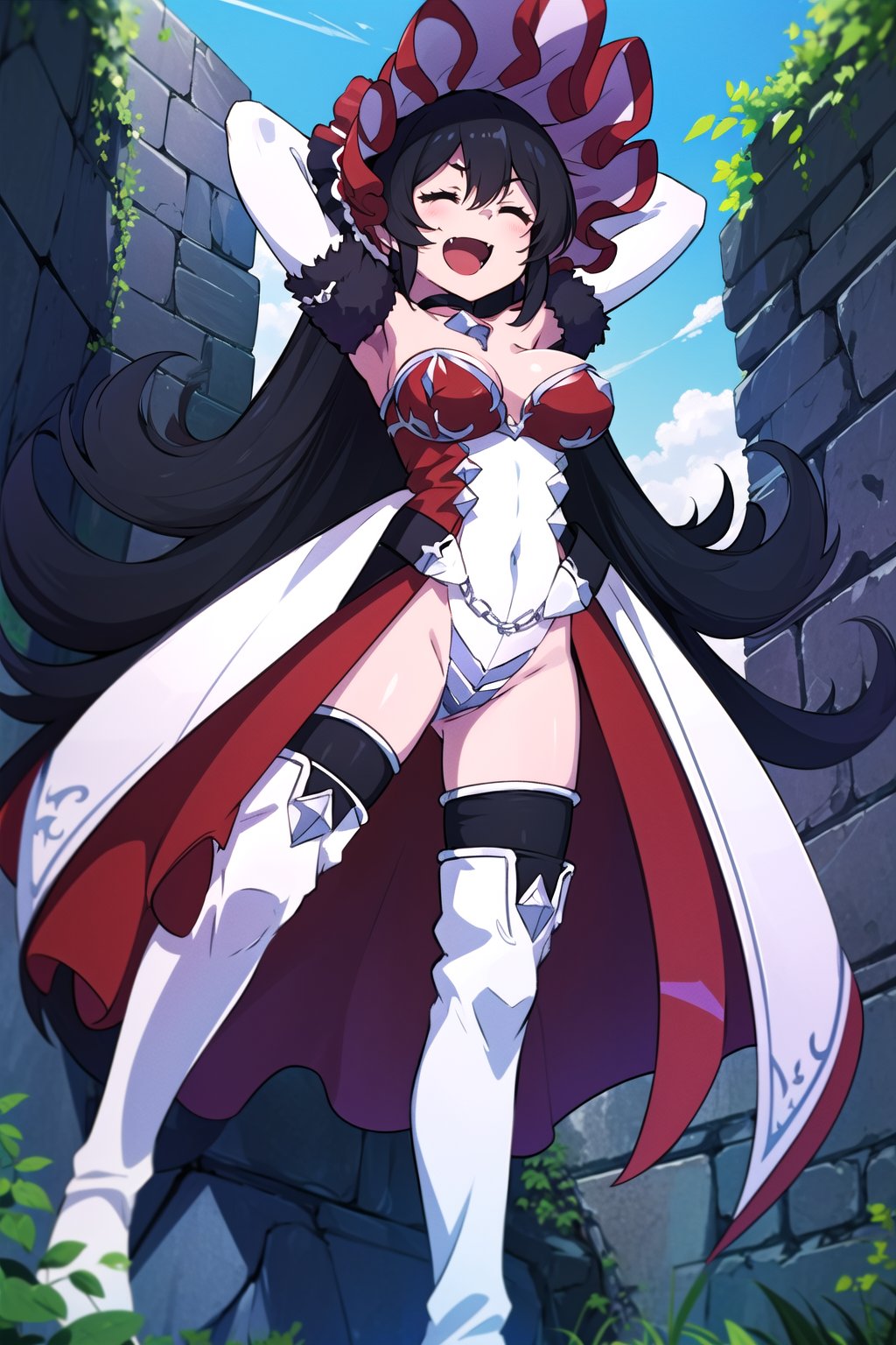 <lora:IlyaV3-000019:0.9> ilya, large breasts, very long hair, bonnet, black choker, white cape, leotard, white elbow gloves, white thigh boots, :d, fang, closed eyes, standing, legs apart, spread legs, arms on own hips, from below, stone wall