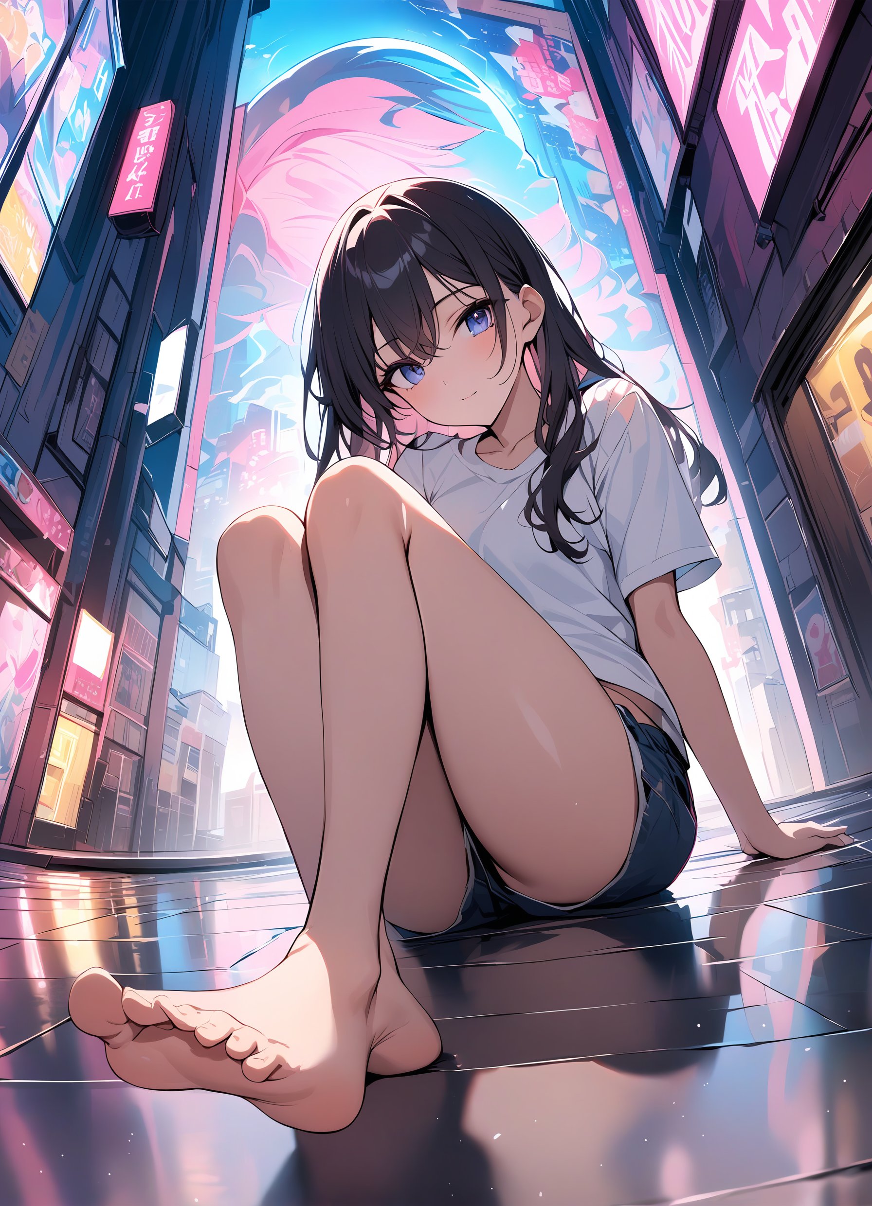 masterpiece, best quality, set against a vibrant Tokyo street art backdrop, neon lights casting a mesmerizing glow,low angle, (shot from feet, bare feet),portrait photo of a 18 years old j-pop girl sitting on the floor, cross legs, bare feet, wearing shorts, white shirt, beautiful face, perfect eyes, long hair, (posing to viewer),her curvaceous figure is showcased, stomach grazing the floor as she lies on her side, Short shorts and crisp white shirt accentuate her toned physique,<lora:hinaMaybeBetterPoseXL_v4-rev9:0.7>