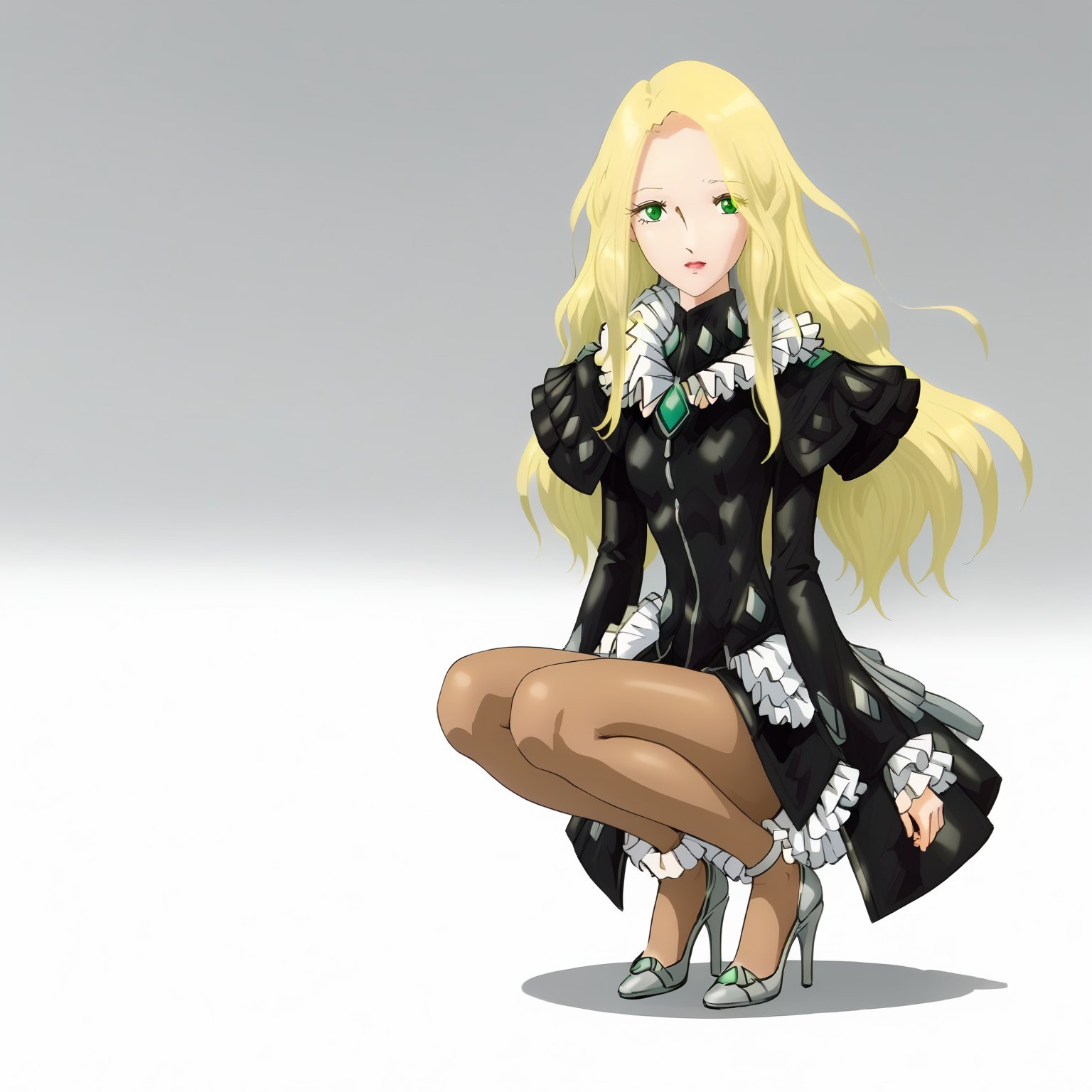 <lora:FatimaPasitheaXLpony002>,solo,FatimaPasithea,1girl,blonde hair,long hair,green eyes,black body suit,black dress,long_sleeves,frill sleeve,brown pantyhose,high_heels,full body,squatting,