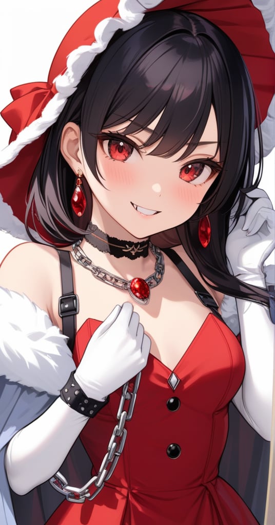 (best quality), ((masterpiece)), (highres), illustration, original, extremely detailed,1girl, gloves, elbow gloves, solo, red eyes, black hair, white gloves, bonnet, white background, dress, long hair, fur trim, v-shaped eyebrows, smile, fang, simple background, hair between eyes, blush, closed mouth, looking at viewer, fur-trimmed gloves, bangs, choker, red dress, black choker, hand up, chain, breasts, fang out, small breasts, collarbone, cloak