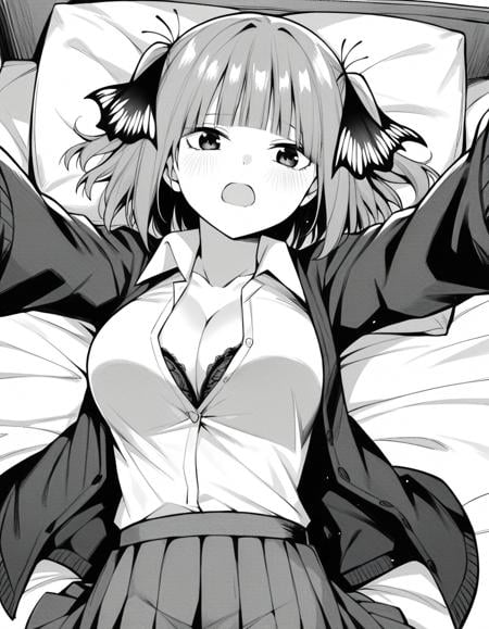 score_9, score_8_up, score_7_up, source_anime, <lora:nnakano-chickeiii-manga-ponyxl-lora-nochekaiser:1>, short hair, bangs, hair ornament, hair ribbon, blunt bangs, two side up, butterfly hair ornament, greyscale, monochrome, large breasts,, skirt, shirt, long sleeves, white shirt, pleated skirt, open clothes, collared shirt, sleeves past wrists, dress shirt, cardigan, open cardigan, black cardigan,, indoors, bed, bed room, on back, arm support, arms up, incoming hug, pov, reaching, reaching towards viewer,, looking at viewer, solo,, cowboy shot, blush, open mouth, underwear, bra, cleavage,