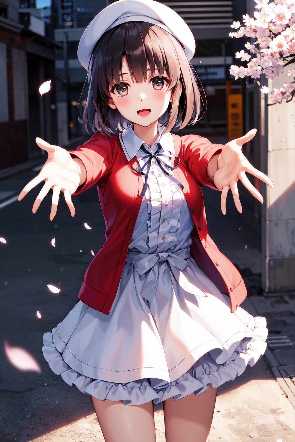 masterpiece, best quality, highres, aamegumi, short hair, beret, white headwear, neck ribbon, frills, white dress, red cardigan, open clothes, long sleeves, white bow, <lora:katou_megumi_v2:0.7>, street, petals, cherry blossoms, reaching out, smile, open mouth, standing, cowboy shot, 