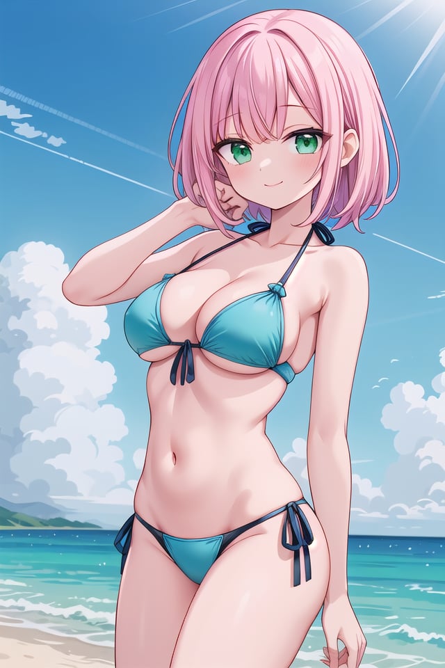 insanely detailed, absurdres, ultra-highres, ultra-detailed, best quality,1girl, solo, nice hands, perfect hands,BREAK(pastel colored bikini:1.3),happy smile, laugh, closed mouth,swimming, cowboy shot,BREAKslender, kawaii, perfect symmetrical face, ultra cute girl, ultra cute face, ultra detailed eyes, ultra detailed hair, ultra cute, ultra beautiful,at seashore, coast, beach, tropical, sky, blue ocean,(medium large breasts, cleavage:1.3),BREAK, (pink hair),(emerald green eyes),(spiked hair)