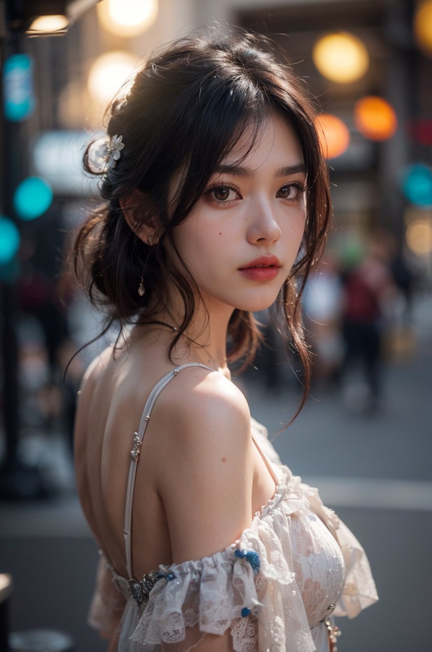 1girl, solo, looking at viewer, looking back, short hair, wavy hair, black hair, off-shoulder dress, bare shoulders, brown eyes, node piercing, upper body, blurry, bokeh, lips, realistic <lora:Enhanced Details Booster:0.6>, RAW photo, (masterpiece:1.3), subsurface scattering, heavy shadow, (high quality:1.4), (intricate, high detail:1.2), professional photography, HDR, High Dynamic Range, realistic, ultra realistic, photorealistic, high resolution, film photography, DSLR, 8k uhd, Fujifilm XT3