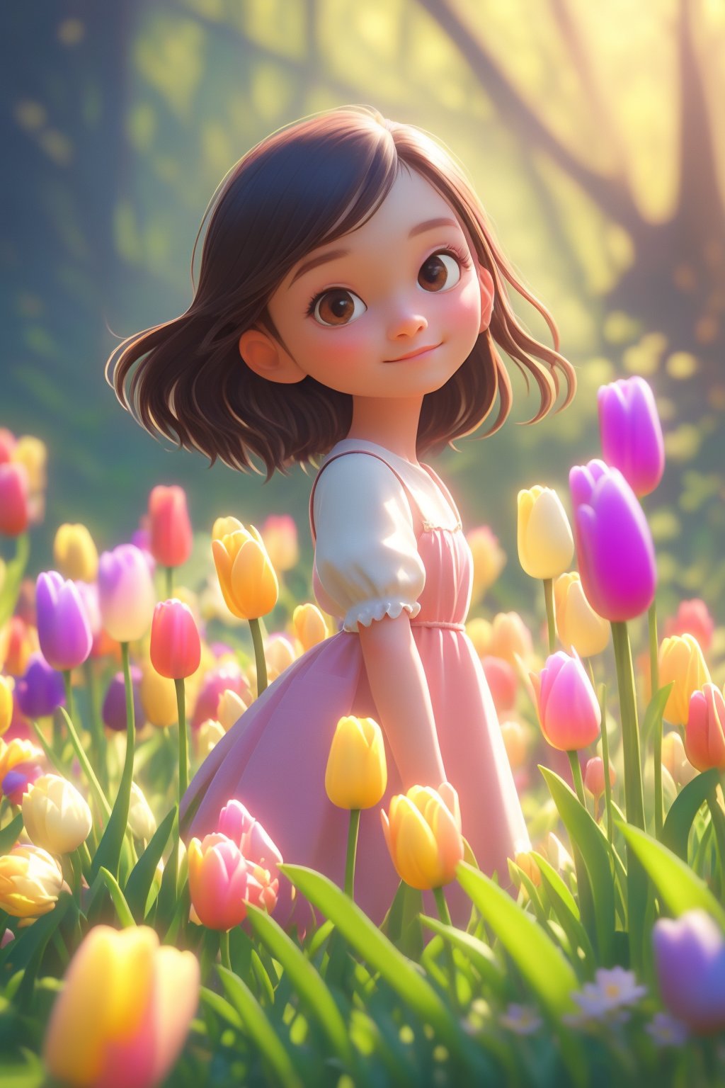 tulip,1girl,solo,brown hair,flower,brown eyes,dress,looking at viewer,blurry background,blurry,yellow flower,holding,short sleeves,plant,outdoors,pink dress,pink flower,female child,medium hair,white shirt,child,shirt,depth of field,closed mouth,smile,sunlight,puffy sleeves,floating hair,from side,bangs,day,puffy short sleeves,TCXH 