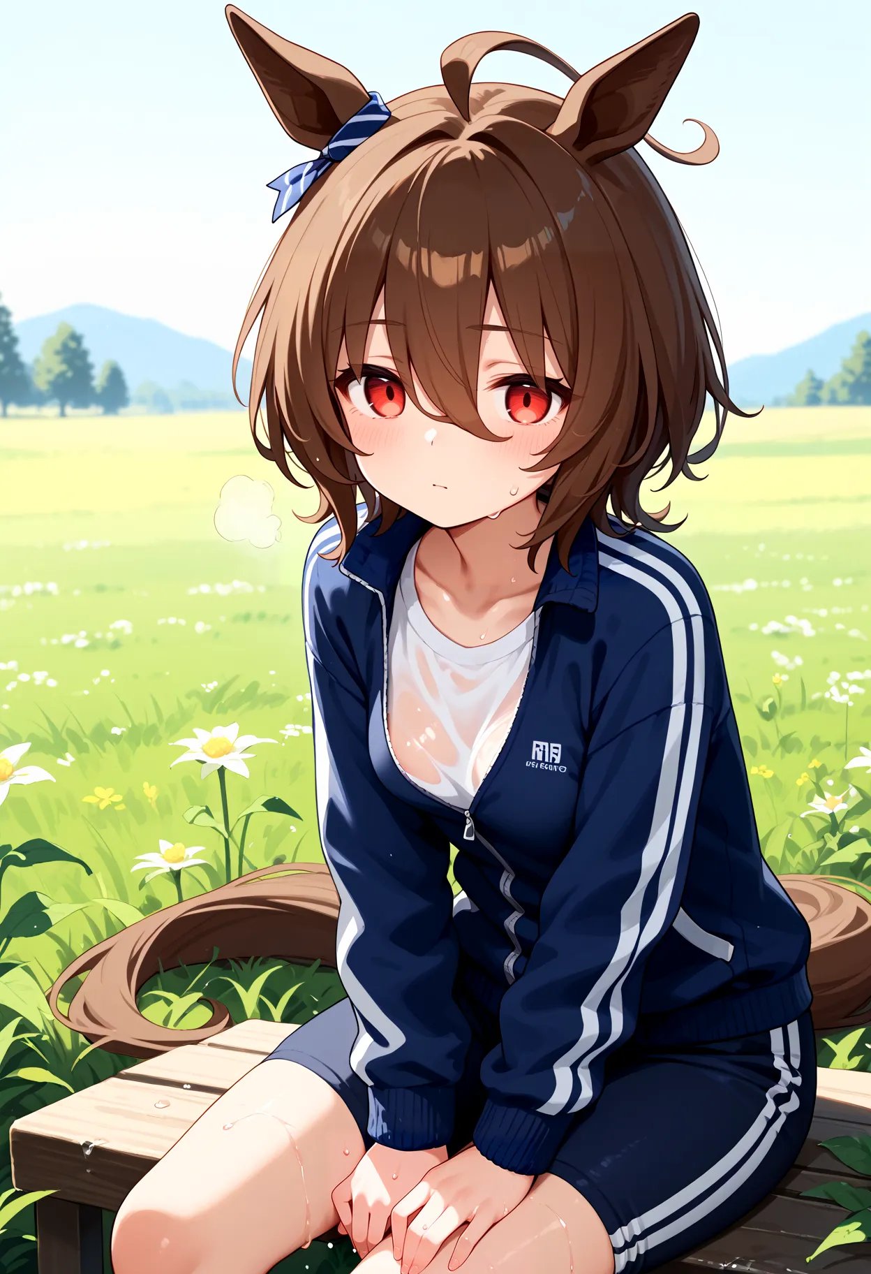 score_9, score_8_up, score_7_up, BREAK, best quality, masterpiece, very aesthetic, ultra detailed,very detailed background,BREAK,,zPDXL3,A_Tachyon, 1girl,solo, horse ears, horse tail, short hair, bangs, brown hair, ahoge, red eyes, hair between eyes,empty eyes,<lyco:Agnes_Tachyon-ponyXL_locon-000010:0.88>,wet skin,steaming body,tracksuit,sweat drop,field,daytime,school gym clothes,Tired,standing, hands on knees,steam,Open Jersey,sitting,front view,