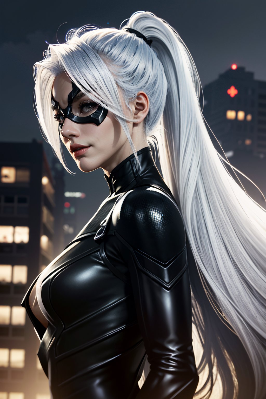 ((ultra detailed, masterpiece, absurdres)) <lora:SpiderBlackCat:0.9>SpiderBlackCat, 1girl, mask, white hair, long hair, Side view with a playful expression